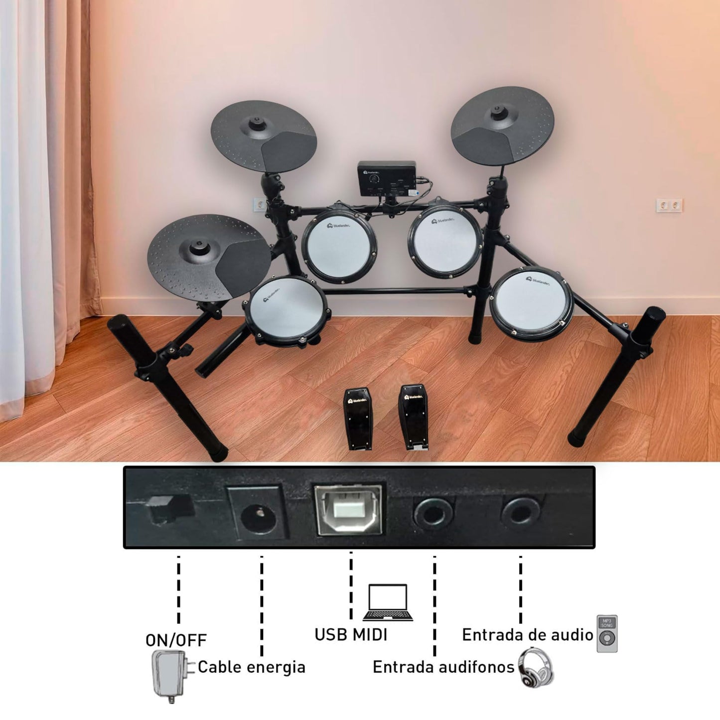 Bluelander Batería Musical 93*120 cm, Bateria Electrica 13 Pzas, 3 Platillos, 3 Tom, 2 Pedales, Tarola, Módulo de Sonido, Par de Baquetas y Banco, Batería Electrónica, Ideal para Niños y Principiantes