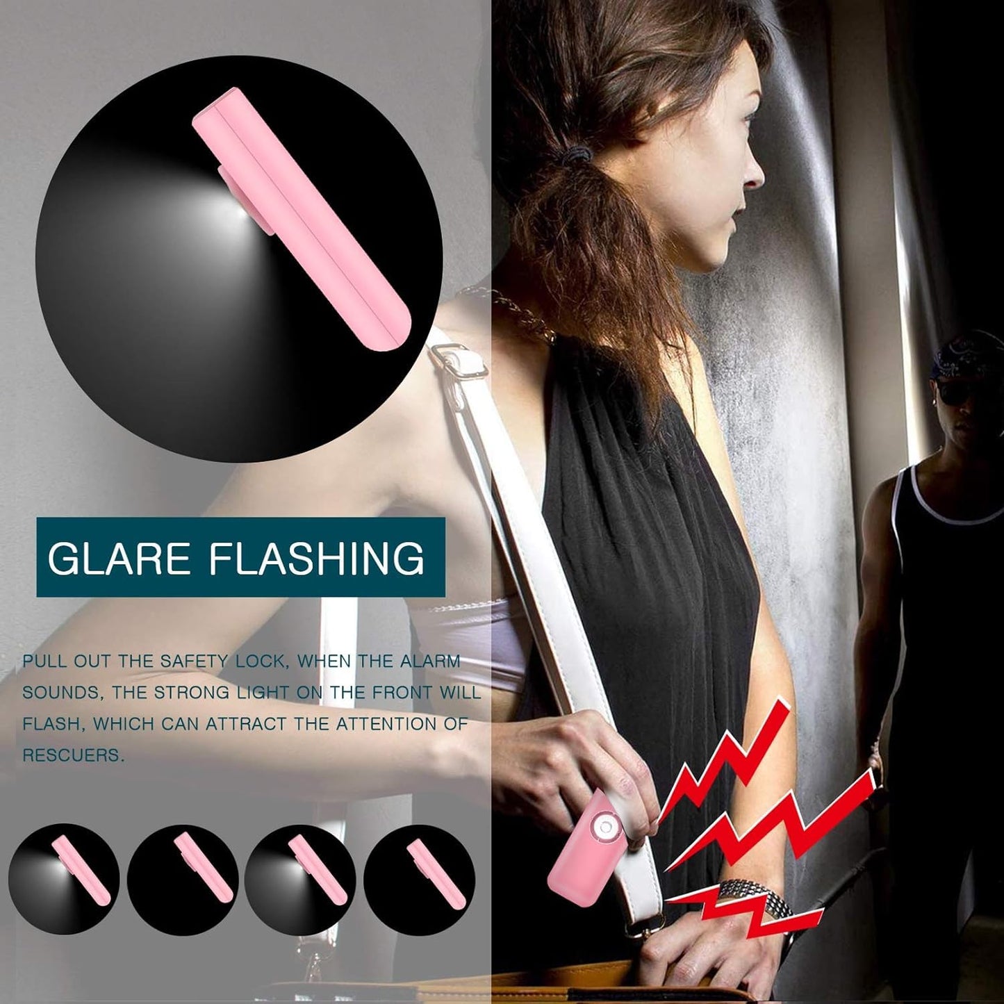 Alarma de Seguridad Personal para Mujer, Luz LED Estroboscópica, Sirena de 130 dB para Universidades