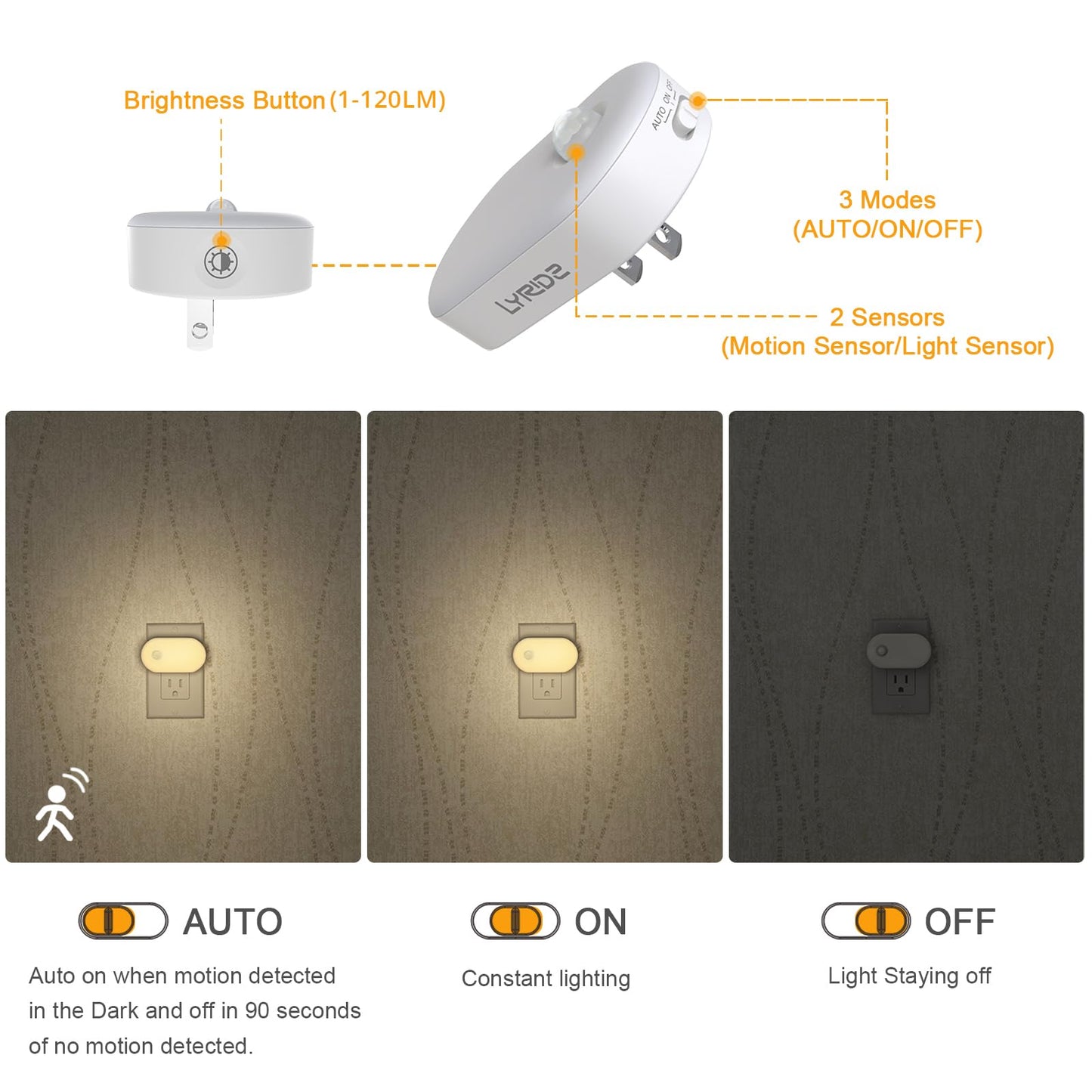 LYRIDZ - Luz nocturna con sensor de movimiento, luz nocturna inteligente de 1 a 120 lm, luz blanca cálida ledes con brillo ajustable continuo para dormitorio, cocina, escaleras, pasillo, paquete de 2