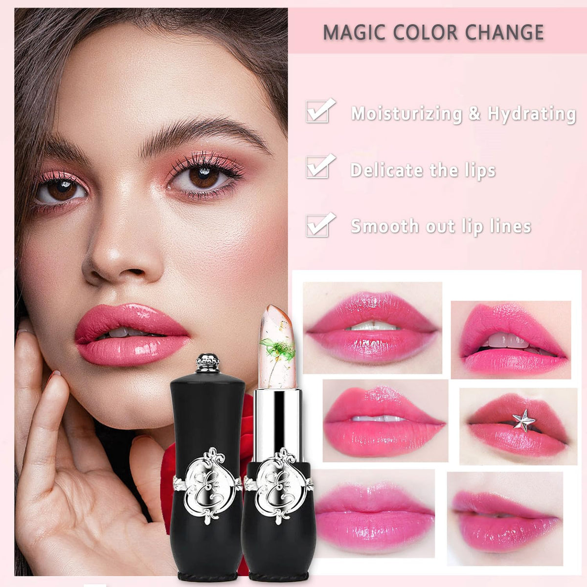 FirstFly - Juego de 6 lápices labiales con flores de cristal, larga duración, nutritivo bálsamo labial hidratante de labios, color negro