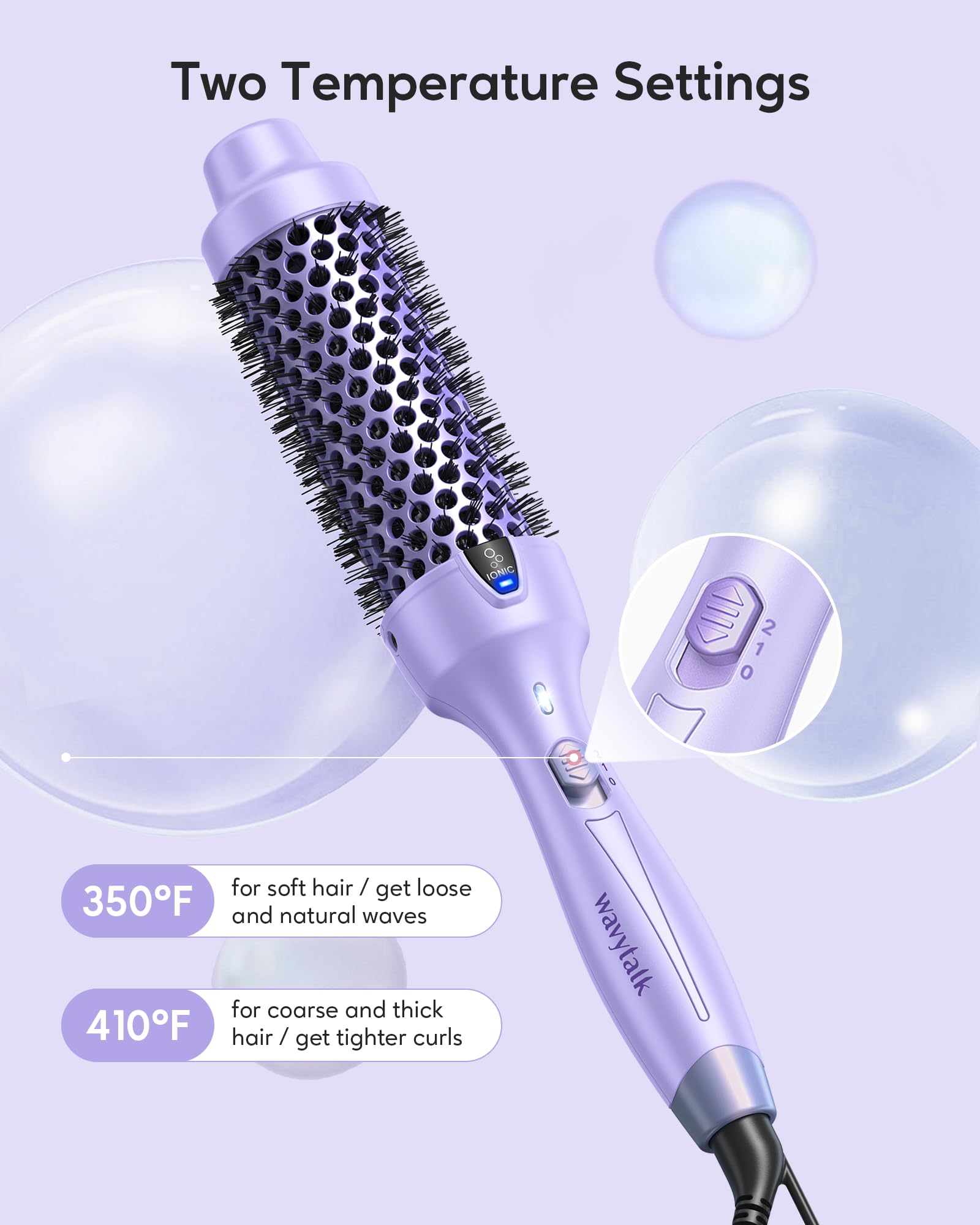 Wavytalk Cepillo térmico de 1.5 pulgadas Blowout Express iónico con calefacción que crea un aspecto de soplado sin esfuerzo y logra hermosos rizos, doble voltaje (morado)