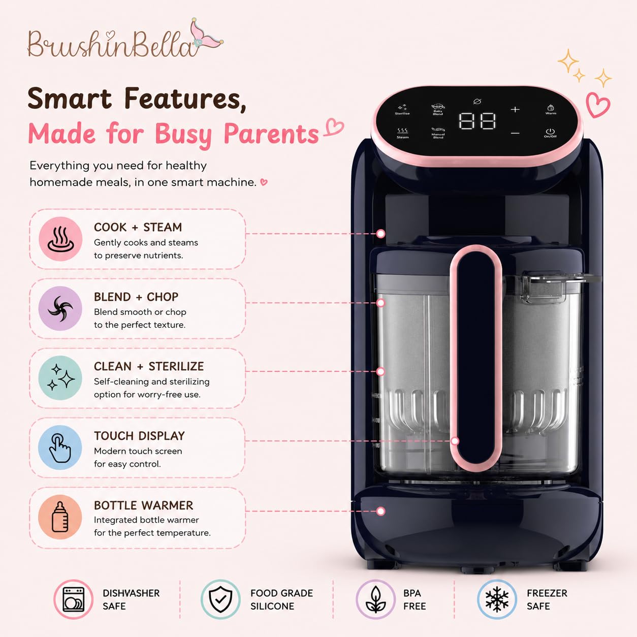 BrushinBella - Procesador de alimentos para bebés 5 en 1 con bandeja de sopa, máquina para hacer purés de bebé, amoladora, vapor, visualización táctil, mezcla automática y manual, calentador de