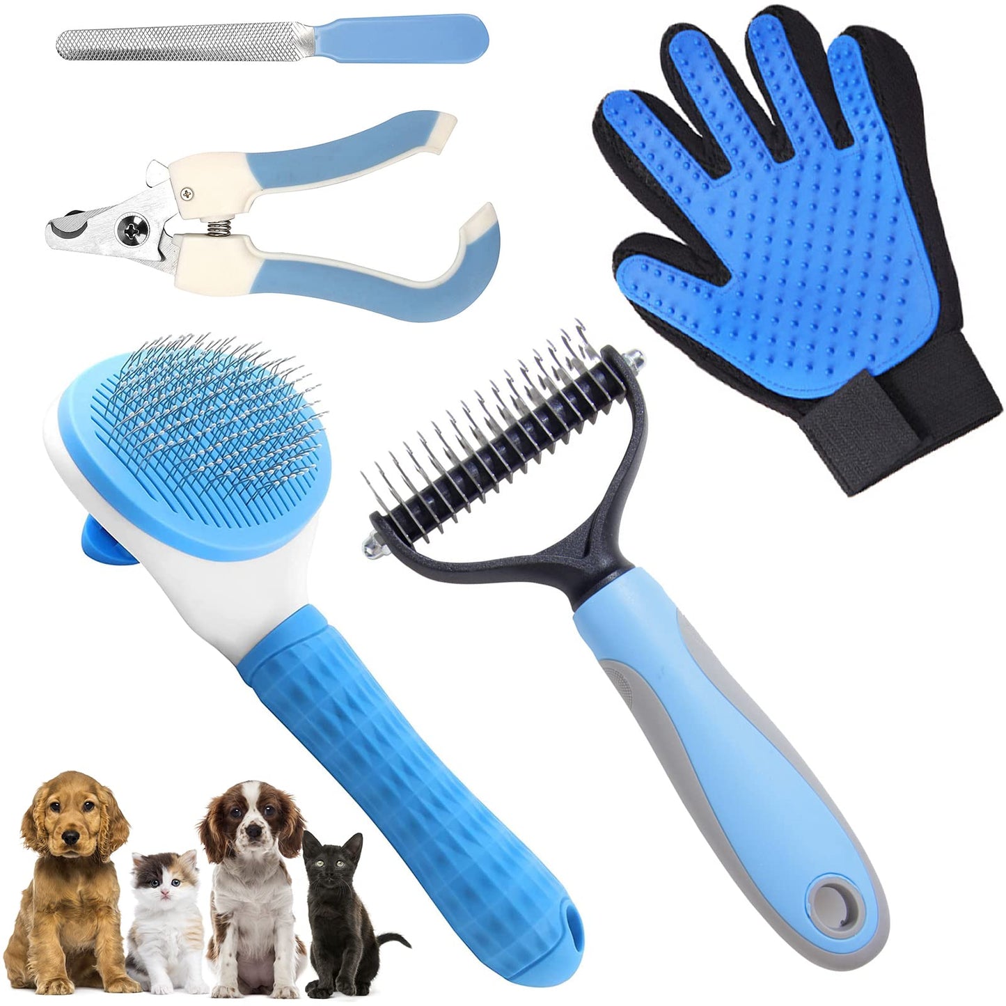 Cepillo para Perros y Gatos, 5 en 1 Herramientas de Aseo para Mascotas, Cepillos para Pelo Largo y Corto, Peine de Limpieza, Cepillo de Desprendimiento, Cortaúñas, Especializado para Depilación Masaje y Peinado, Azul