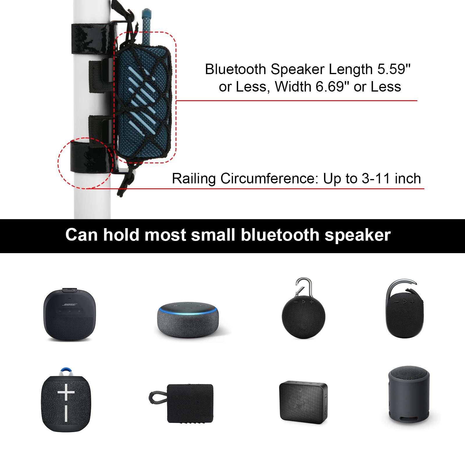 Soporte de Metal TXEsign Negro para Altavoz pequeño portátil con Correa Ajustable Compatible con Go para Bicicleta, Carrito de Golf o Baranda de Barco