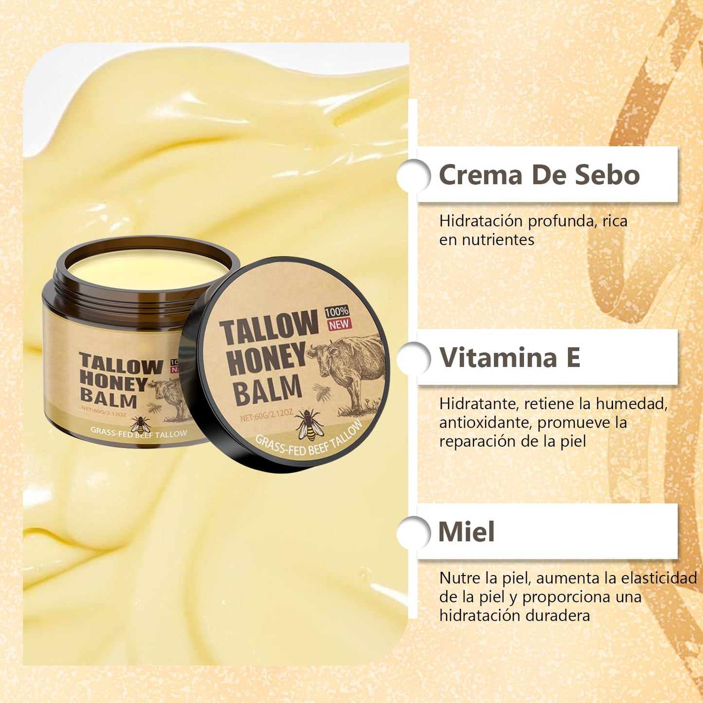 Bálsamo de miel de sebo y crema hidratante facial de mantequilla - Nutrición para rostro y cuerpo - 2 piezas