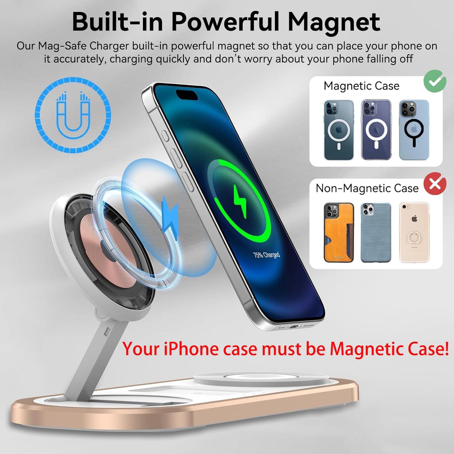 Cargador inalámbrico 3 en 1, estación de Carga magnética Plegable para Magsafe para iPhone 16/15/14/13/12/Pro MAX/Pro/Mini/Plus, Apple Watch 10/9/8/7/SE/6/5/4/3/2/1/Ultra2/Ultra, AirPods pro/2/3/4