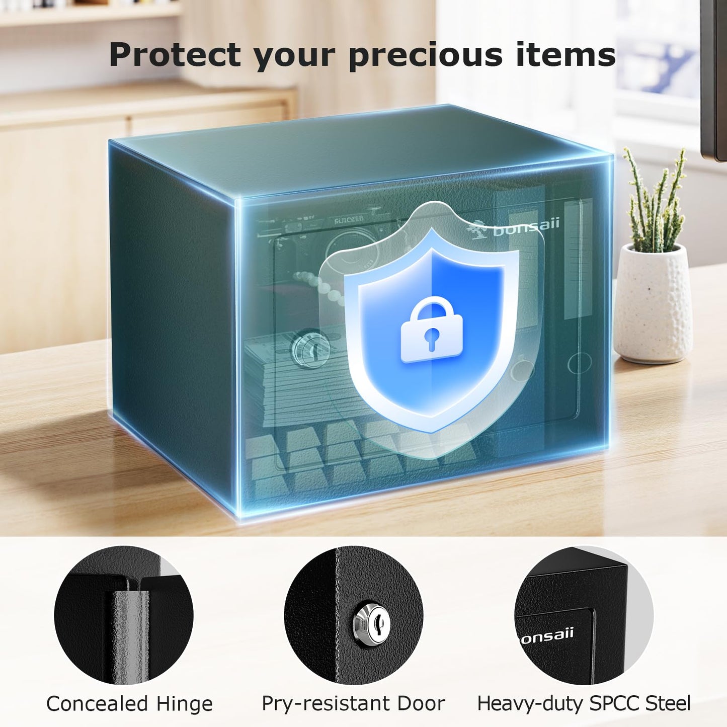 Bonsaii Caja de seguridad con cerradura de llave, caja de seguridad de acero, 0.23 pies cúbicos, 9.0 pulgadas de ancho x 6.7 pulgadas de profundidad x 6.7 pulgadas de alto, pequeña caja de seguridad