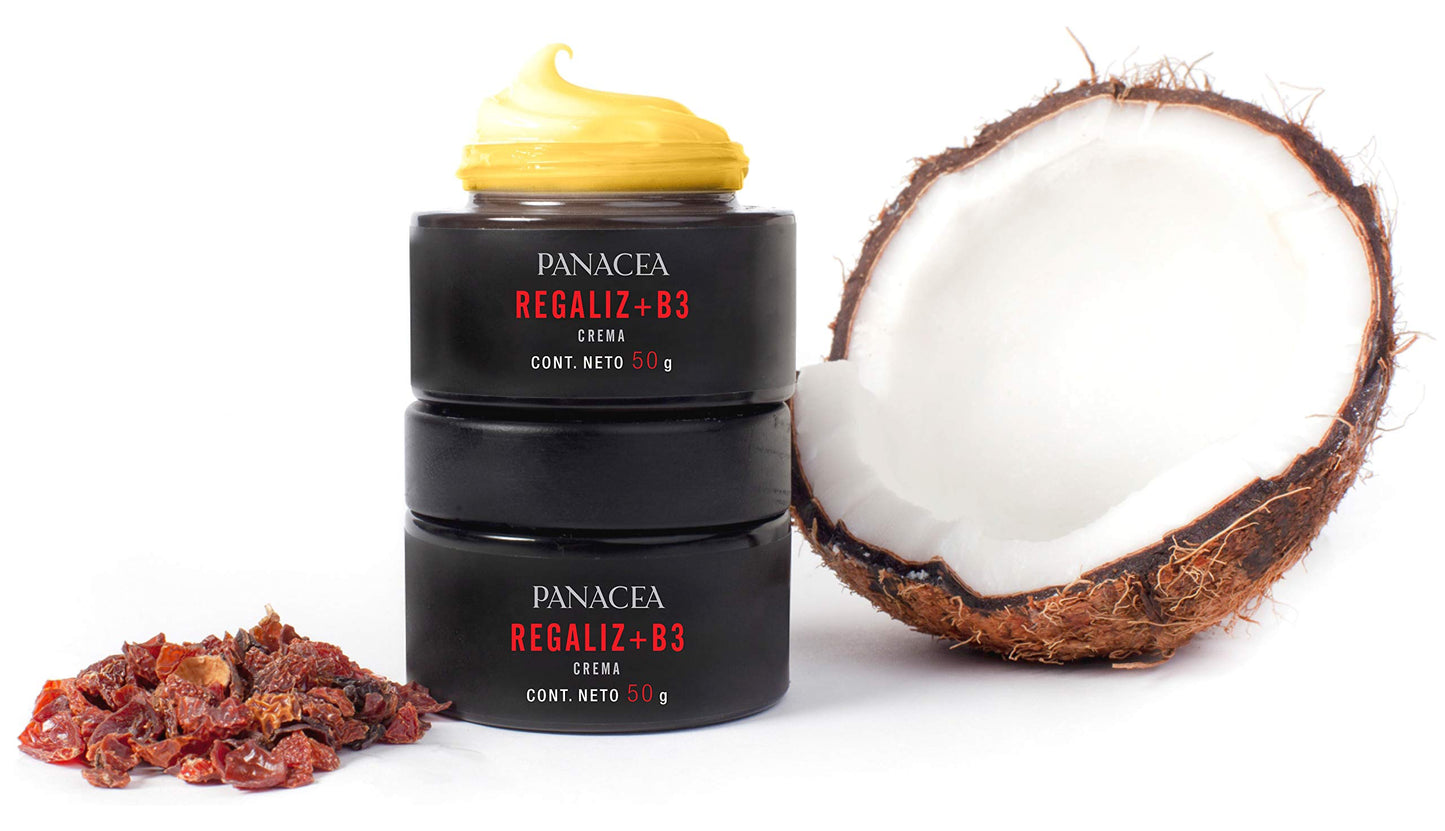 Crema facial Antimanchas con REGALIZ+B3. Ideal para control de tono y manchas. Su fórmula base está hecha a base de aceites de argán, hemp, rosa mosqueta, coco y uva. Ingredientes 100% Naturales, sin químicos. 50g.