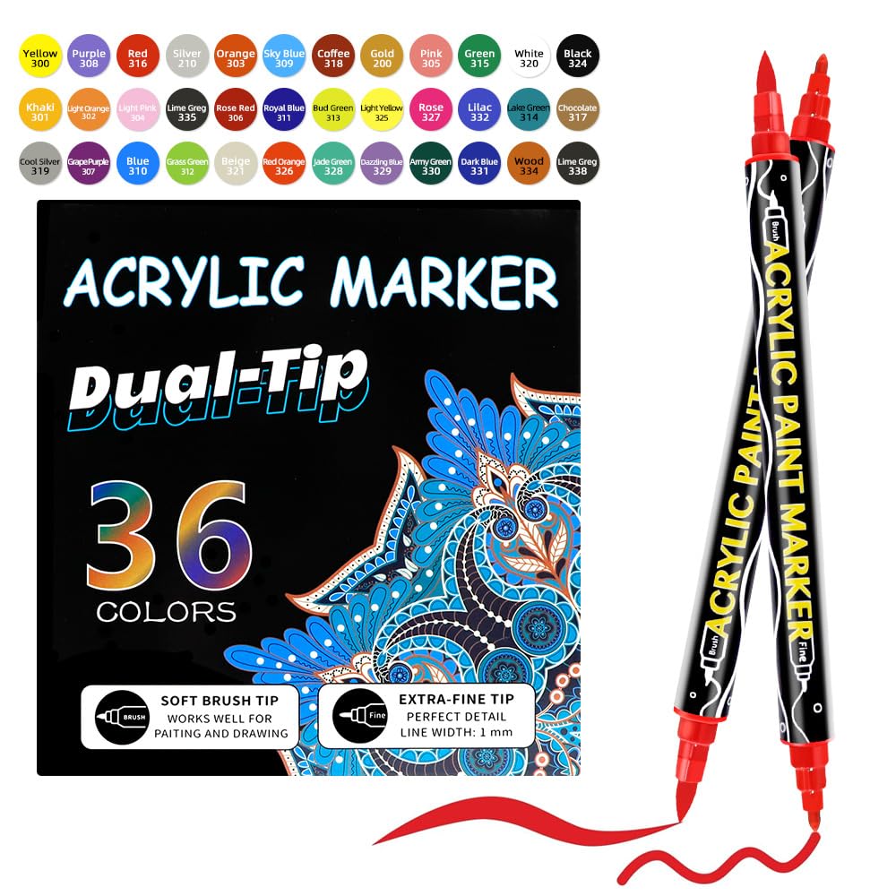ADGIJNNOUW 36 Colores Plumones Acrilicos Doble Punta, Rotuladores Acrilicos, Resistente al Agua, Seguro, Acrylic Markers para Piedras, Cristal, Madera, Cerámica, Plastico, Huevos de Pascua