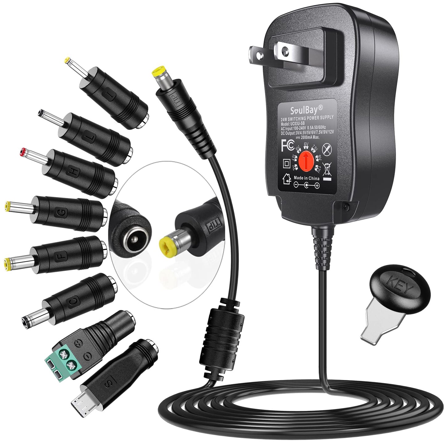 Adaptador AC/DC Universal SoulBay Negro Versión Mejorada Regulable Multi-Voltaje con 8 Conectores Seleccionables para Electrónica Doméstica de 3V a 12V 2 Amperios Máx.
