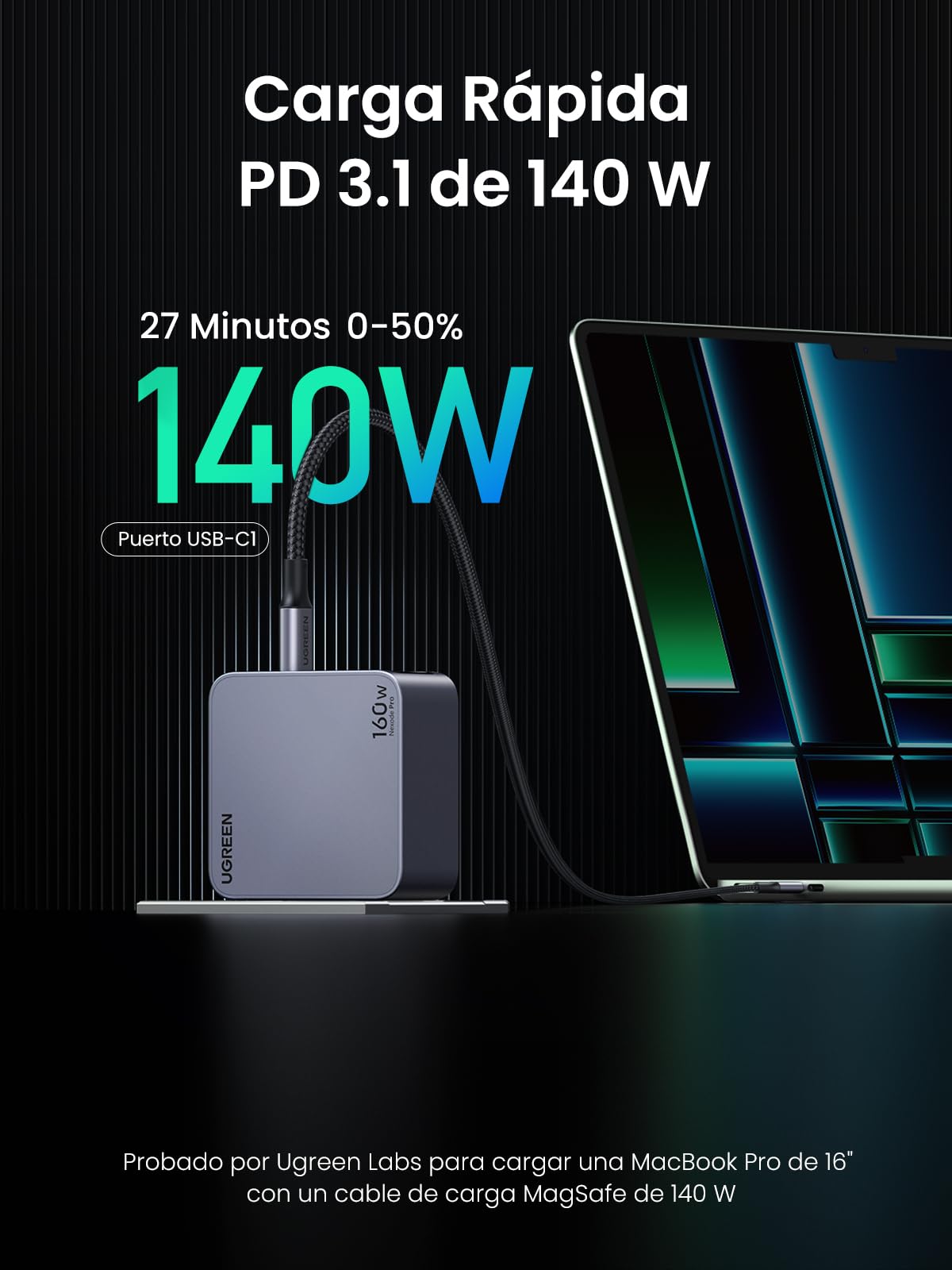 Cargador Tipo C UGREEN Nexode Pro 160W Negro PPS GAN de Pared 4 Puertos para iPad, iPhone y Galaxy