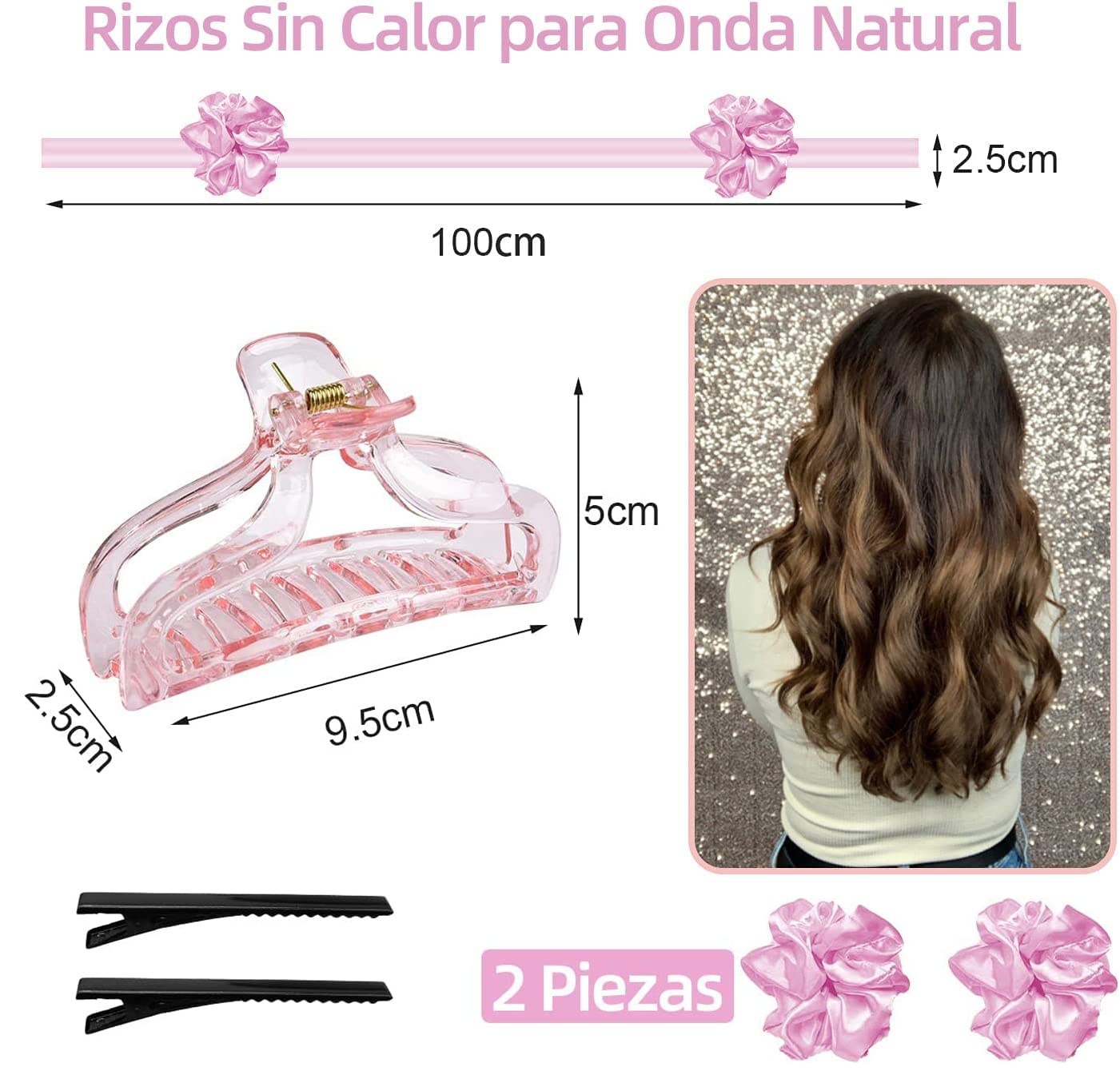 Rizos Sin Calor para Onda Natural, Rizadores de Cabello Sin Calor con Pinzas para el Cabello y Coletero para Cabello Largo, Kit de Herramientas para Peinar el Cabello de Seda Suave, Sin Daños, Sin Calor (Rosa)