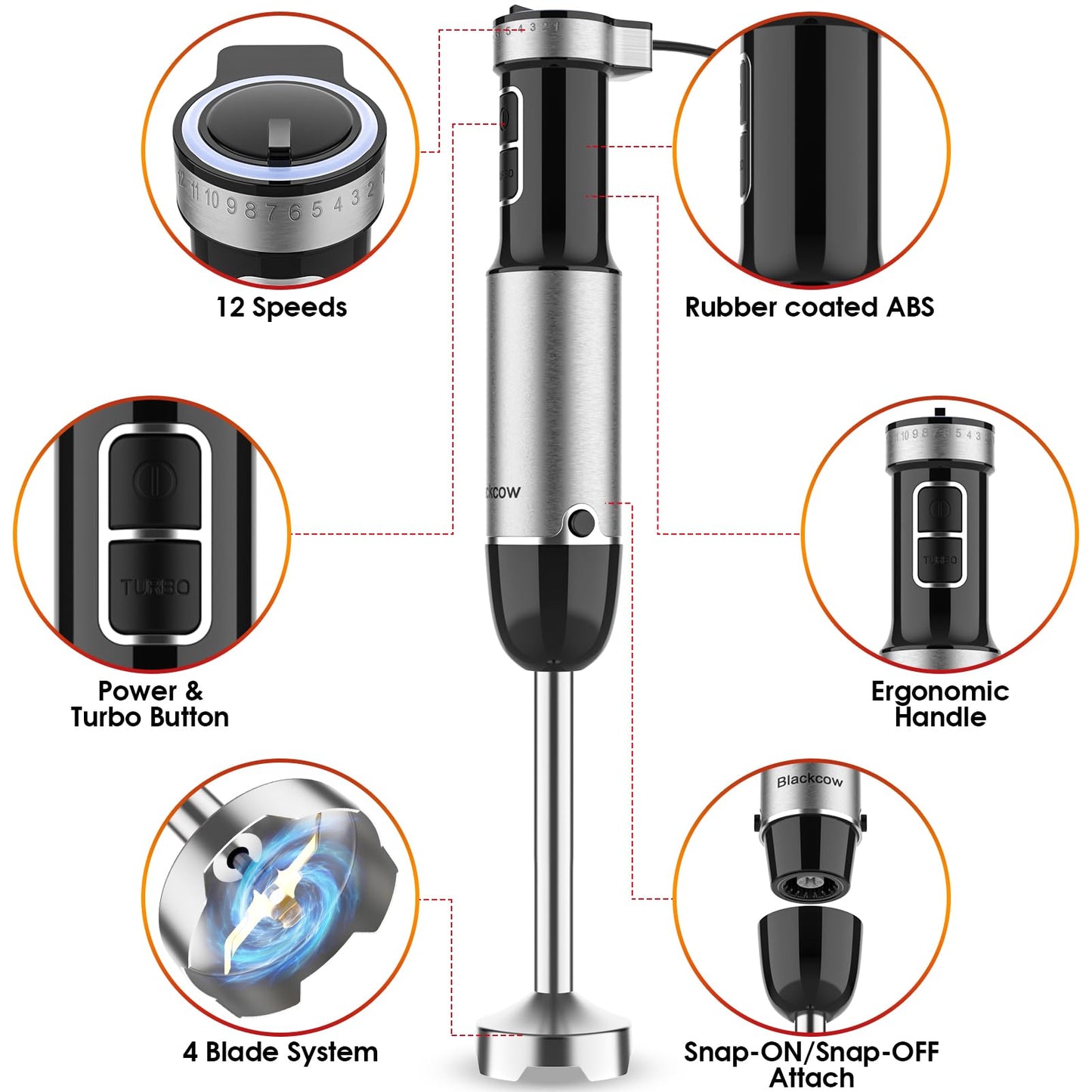 Batidora de inmersión de mano para cocina, licuadora de emulsión de mano con cuchillas de titanio, mezclador de mano eléctrico de 12 velocidades con accesorios sin BPA, tazón de picador, batidor,