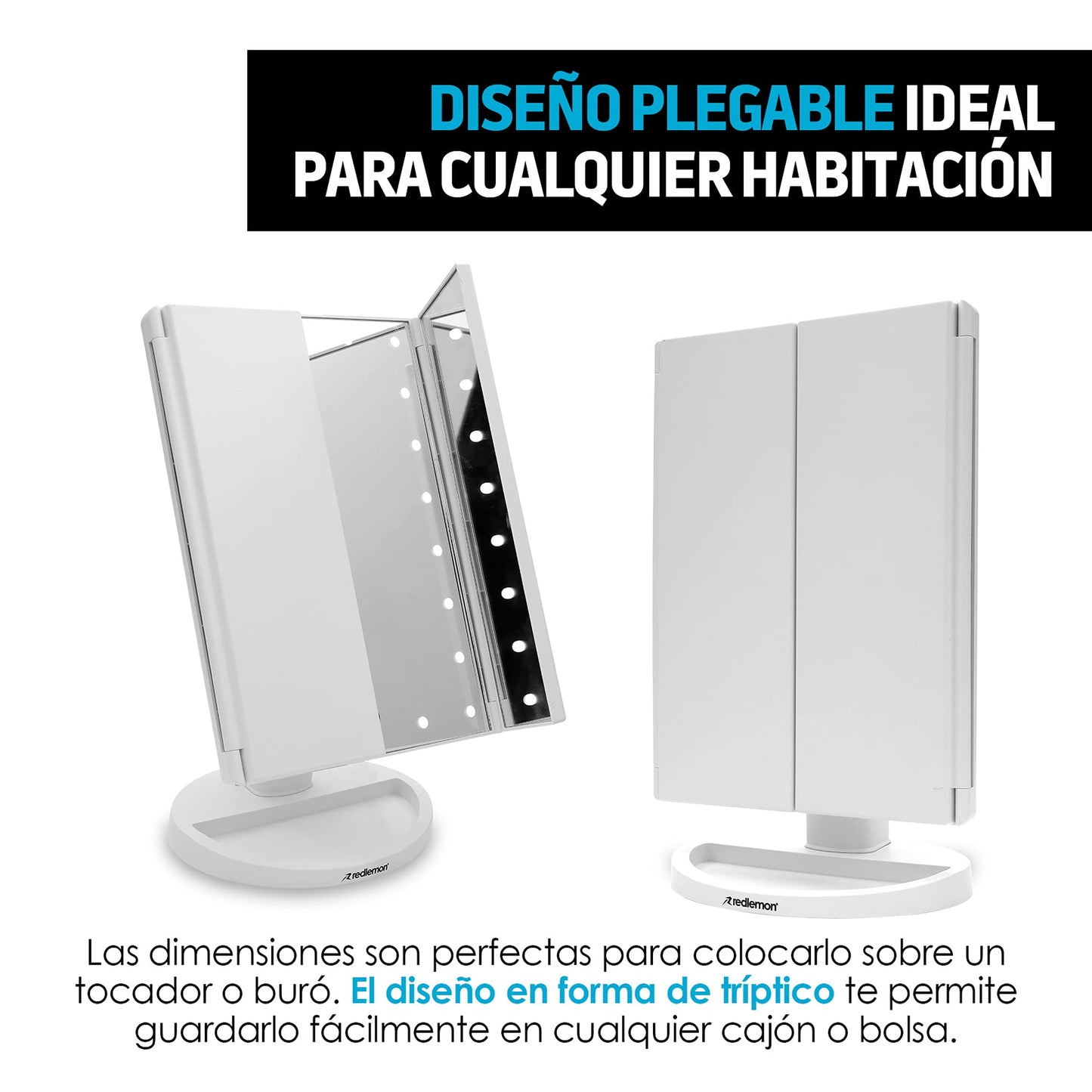 Redlemon Espejo con Luz para Makeup, Espejo para Maquillaje con Aumentos y Luces LED de Intensidad Ajustable, Base con Movimiento 180°, Funciona con Cable de Alimentación o Baterías AAA (no incluidas)