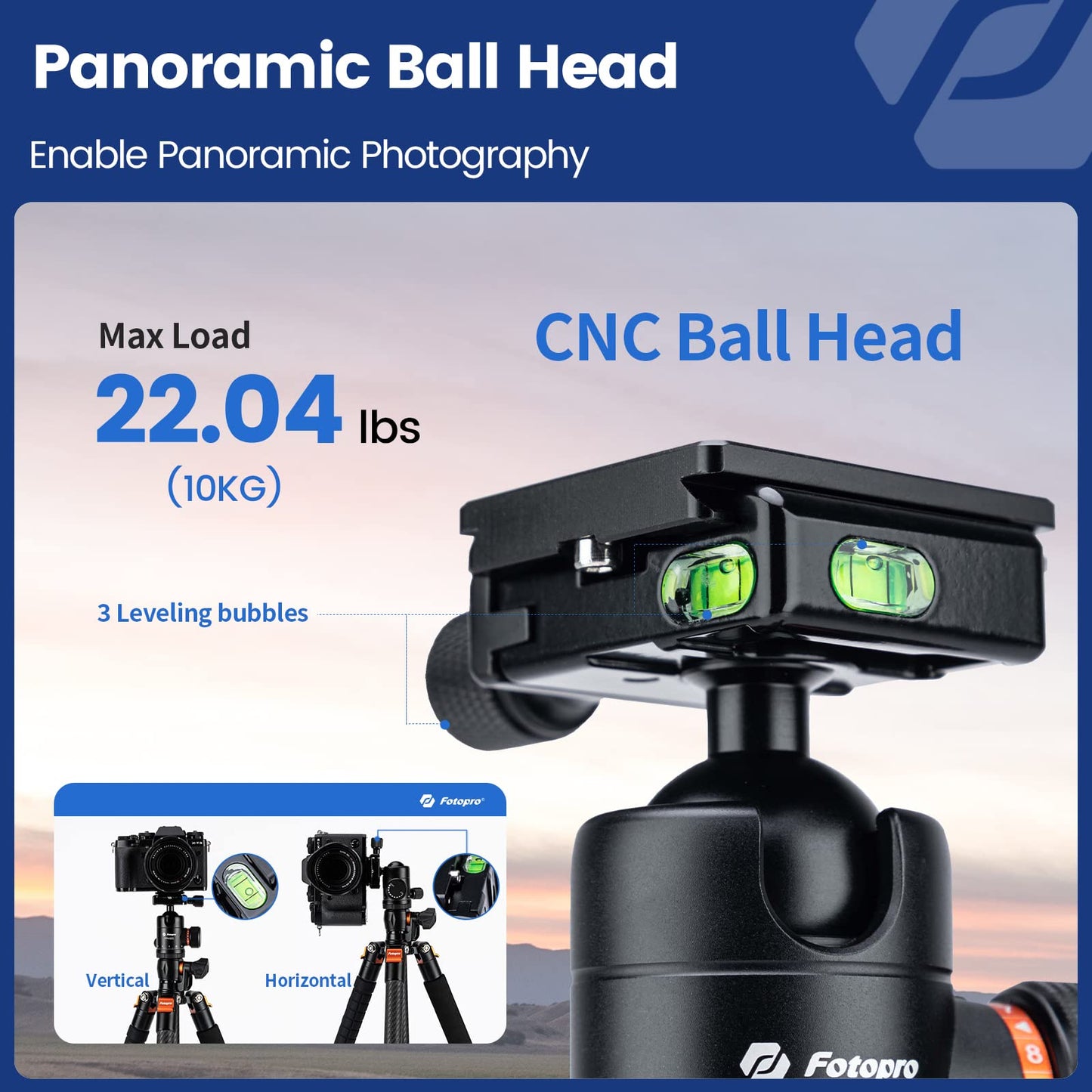 Fotopro - Trípode Horizontal de Fibra de Carbono, trípode de cámara de 75 Pulgadas con Cabezal de Bola de 360 Grados, Placa de liberación rápida para videocámara DSLR, trípode 2 en 1, Carga máxima de
