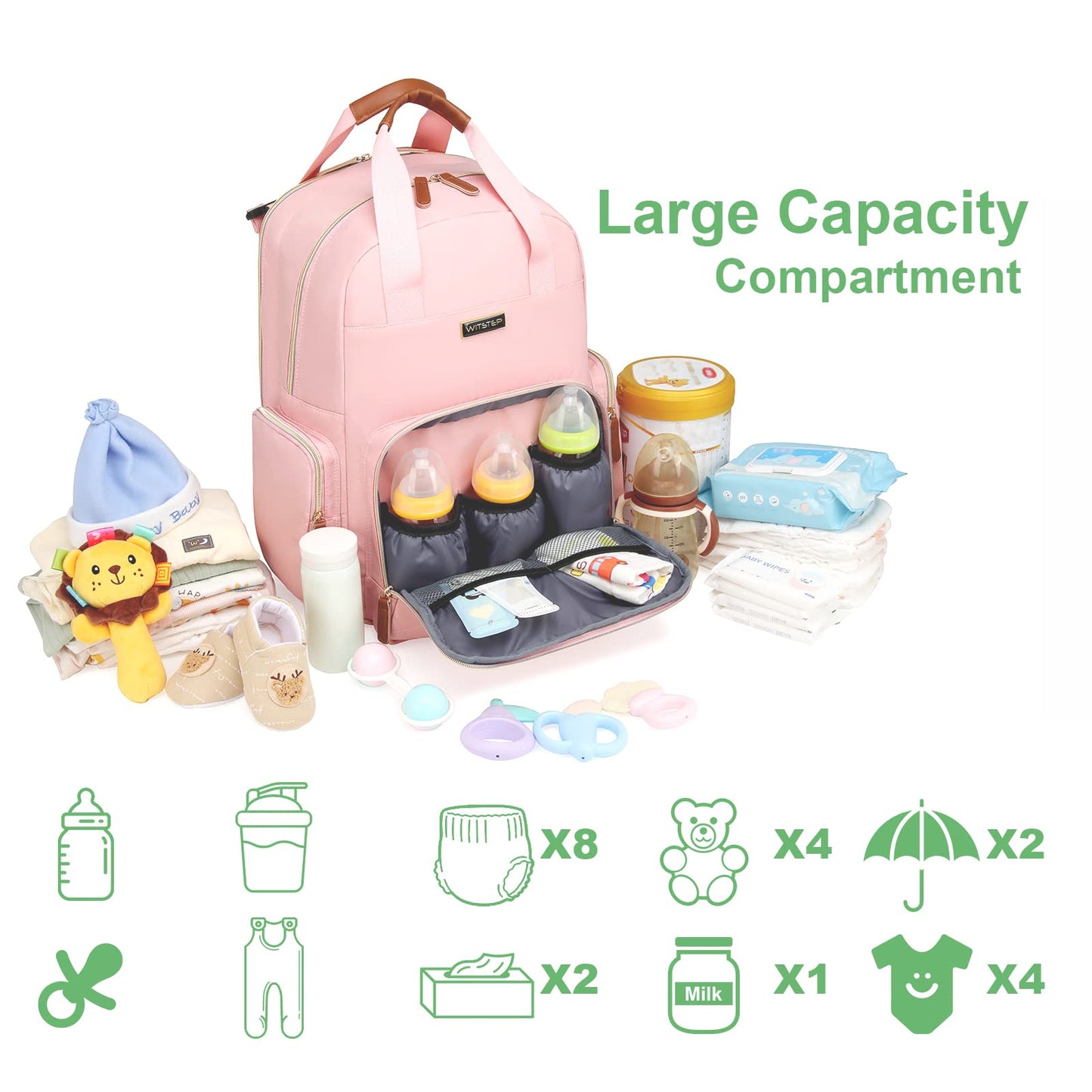 WITSTEP - Mochila para pañales con estación de cambio, organizador de pañales para bebés, para mamás, papás, bolsas grandes para cambiar de bebé, Rosado, Large, Mochila para pañales con cambiador