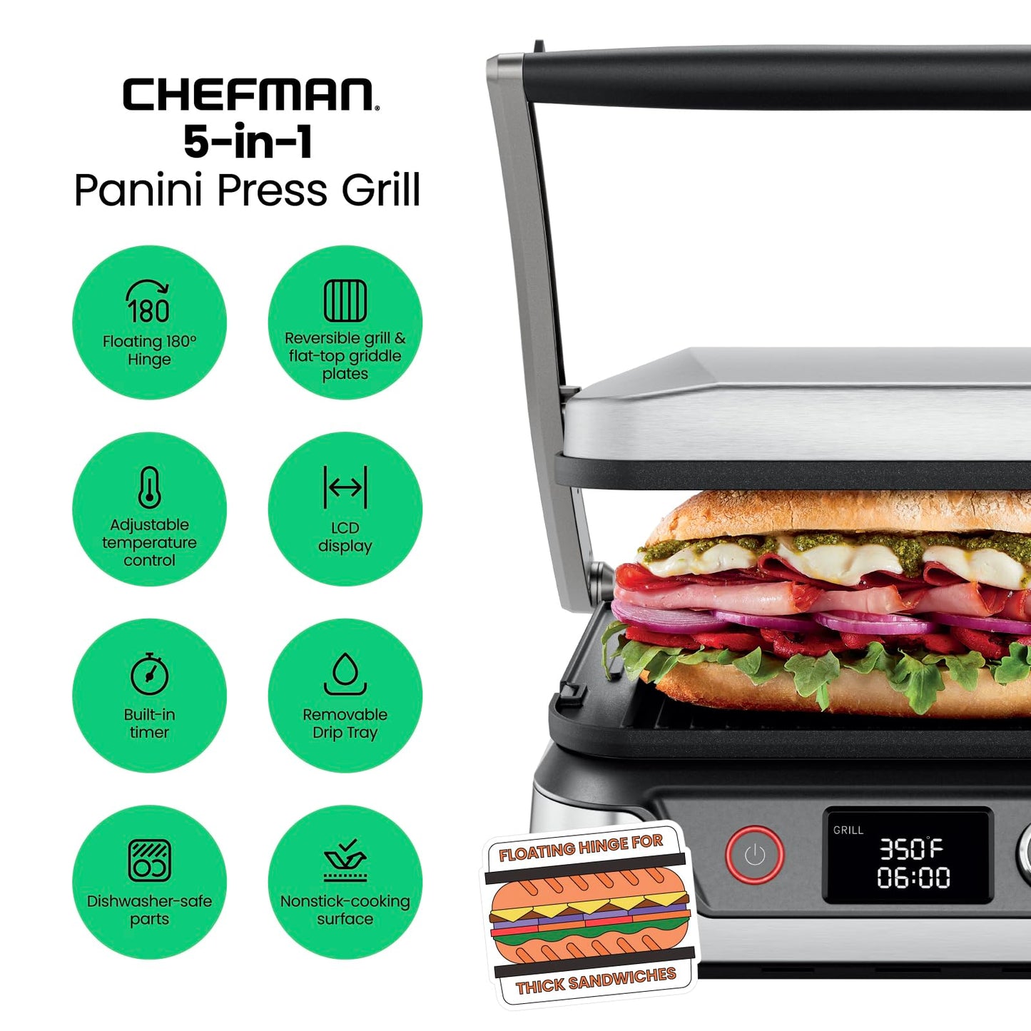 Parrilla Digital Panini Chefman Acero Inoxidable con Platos Reversibles Extraíbles, Abre 180° para Barbacoa y Parrilla Plana