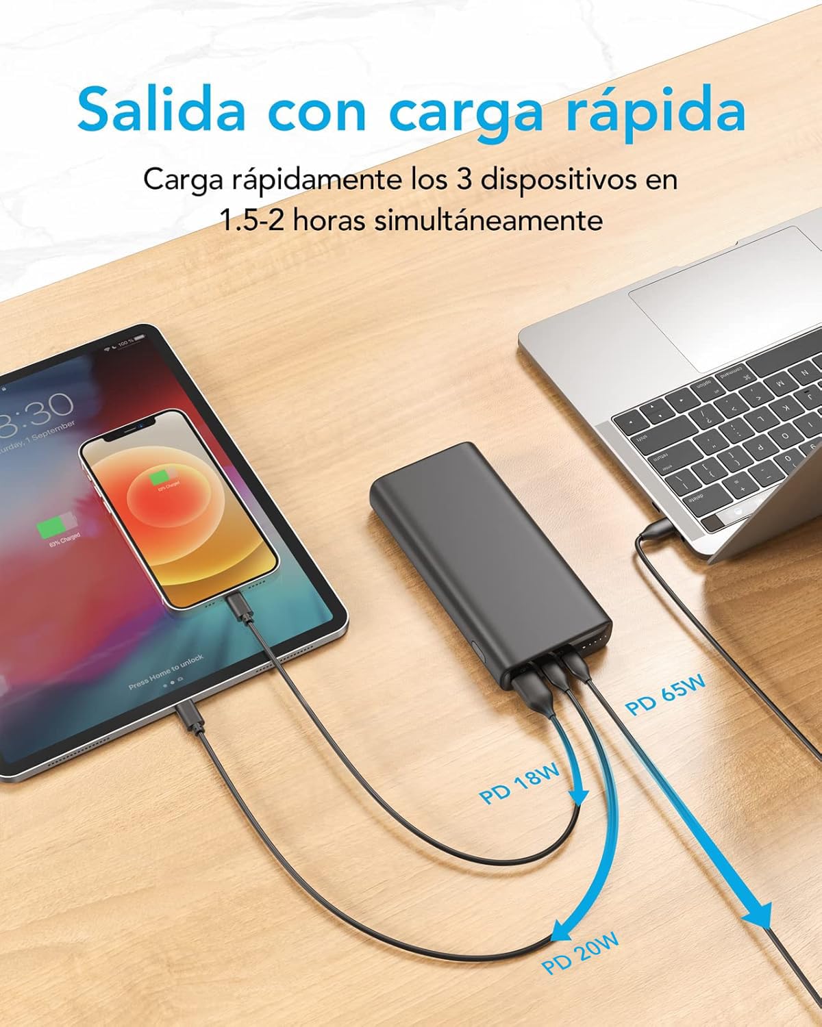 Banco de Energía de 65 W,Power Bank para Lapto 23800 mAh,Cargador de Batería de Energía USB C, Pila portatil,Compatible con Tabletas Laptos iPhone 16 Pro MAX 15 14 iPad Xiaomi 15 Ultra 4 Galaxy S25