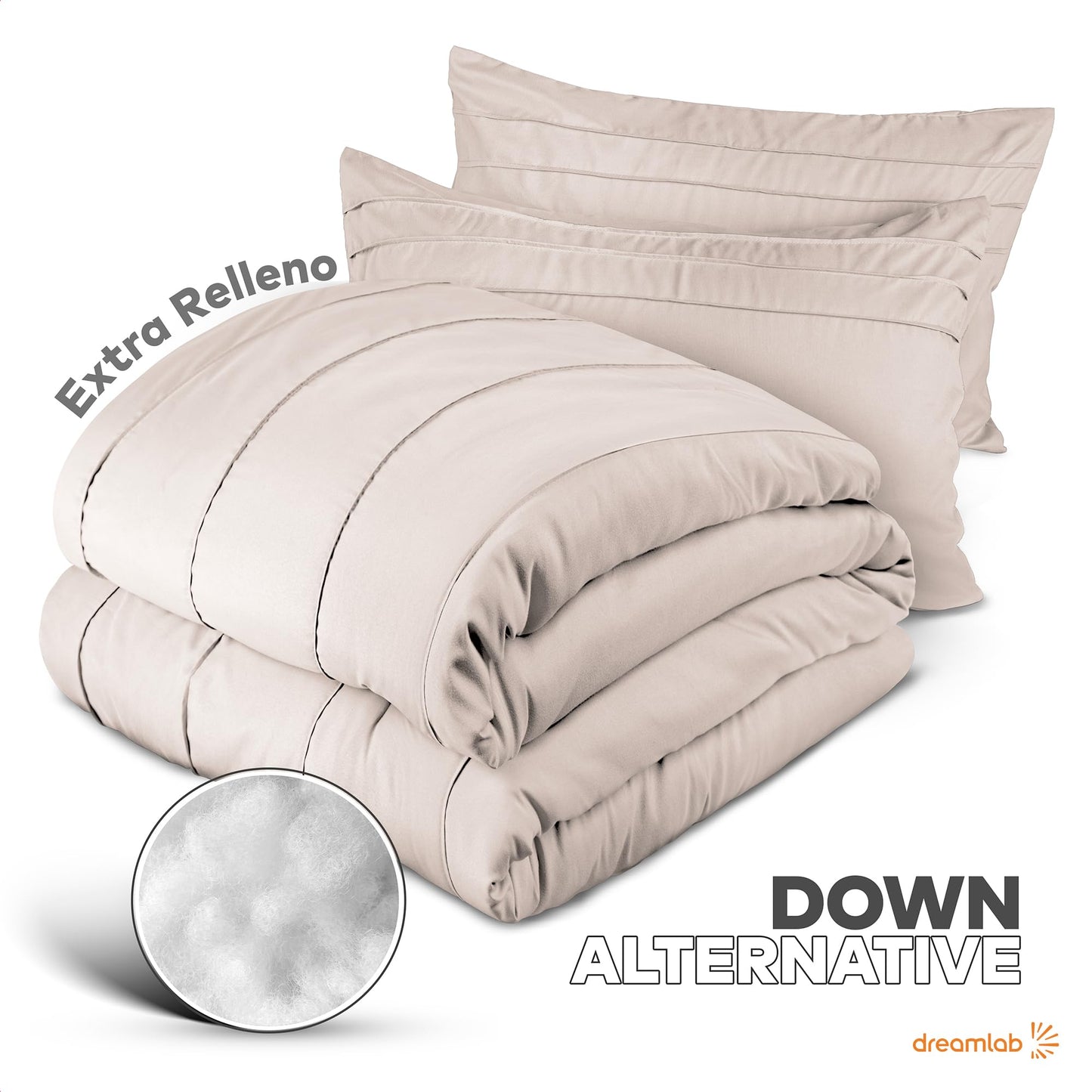 Juego Edredón Matrimonial Dreamlab Beige Ultra Suave Hipoalergénico Reversible Plisado Con Fundas de Almohada