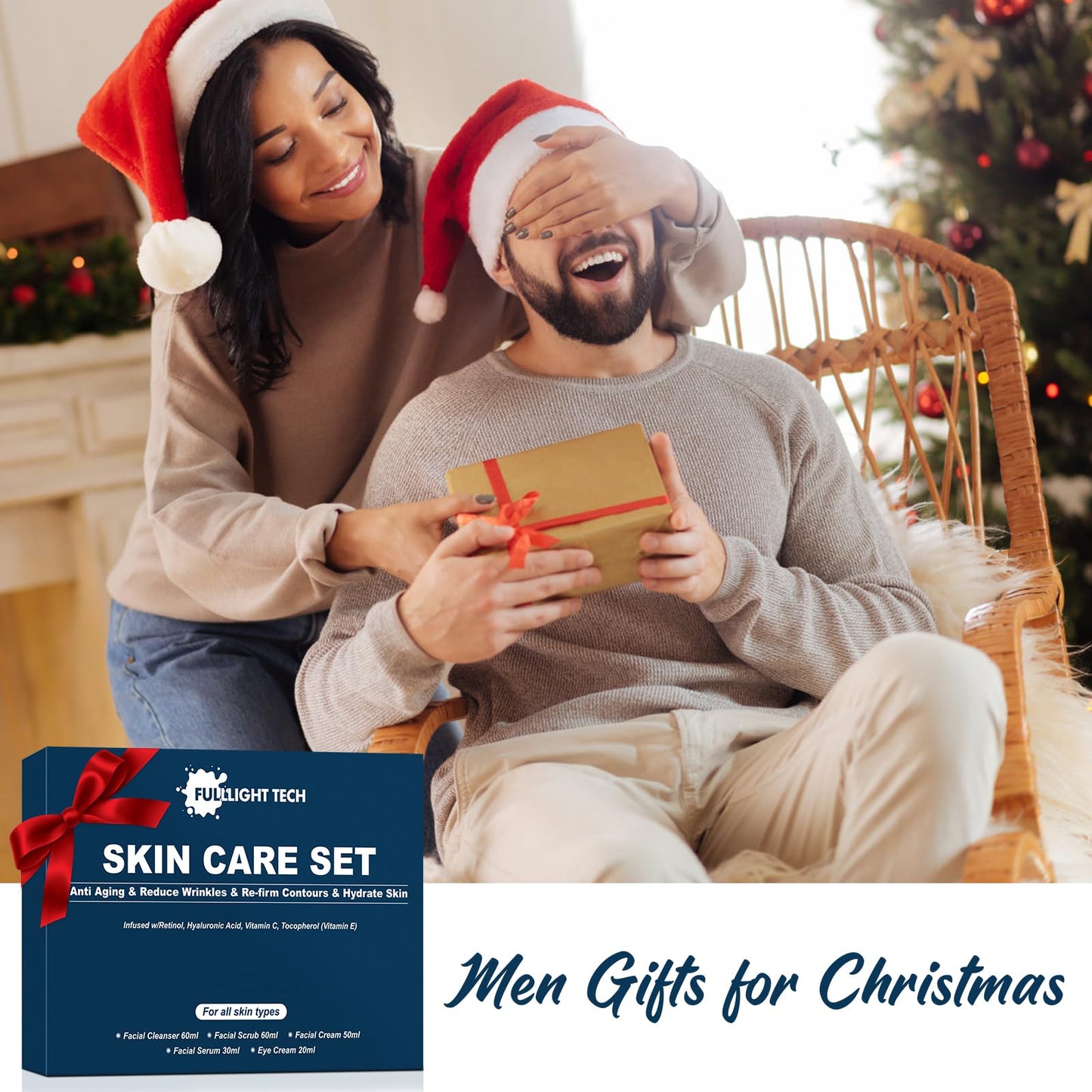 FULLLIGHT TECH- Regalos para hombres, kit de cuidado de la piel antienvejecimiento para hombres, reduce las arrugas e hidrata la piel con limpiador facial, exfoliante, crema