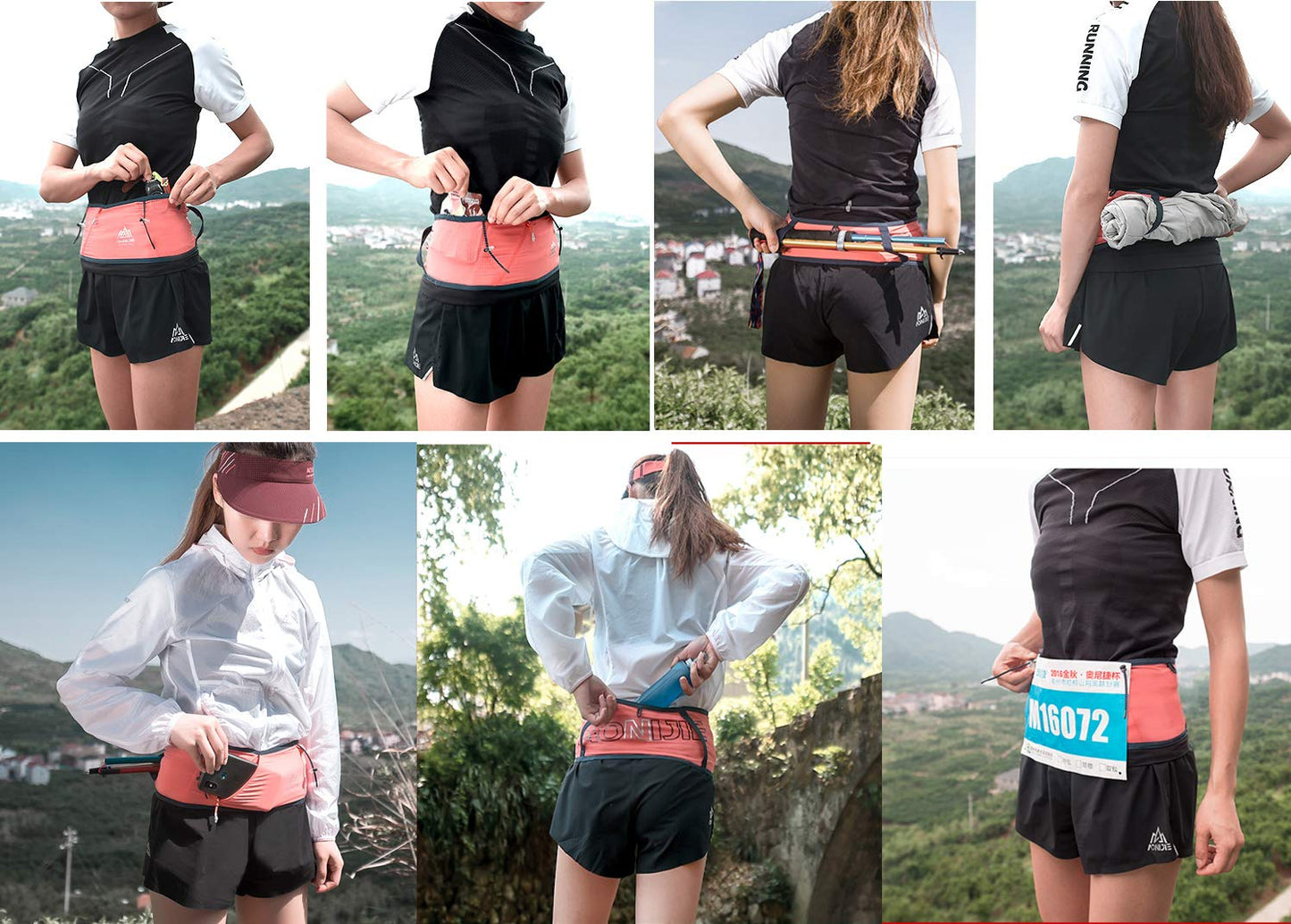 Aonijie - Cinturón de correr con botella de agua de 250 ml, 3 bolsillos, para maratón, escalada, ciclismo, entrenamiento, fitness, soporte para teléfono celular (Negro, L-XL)