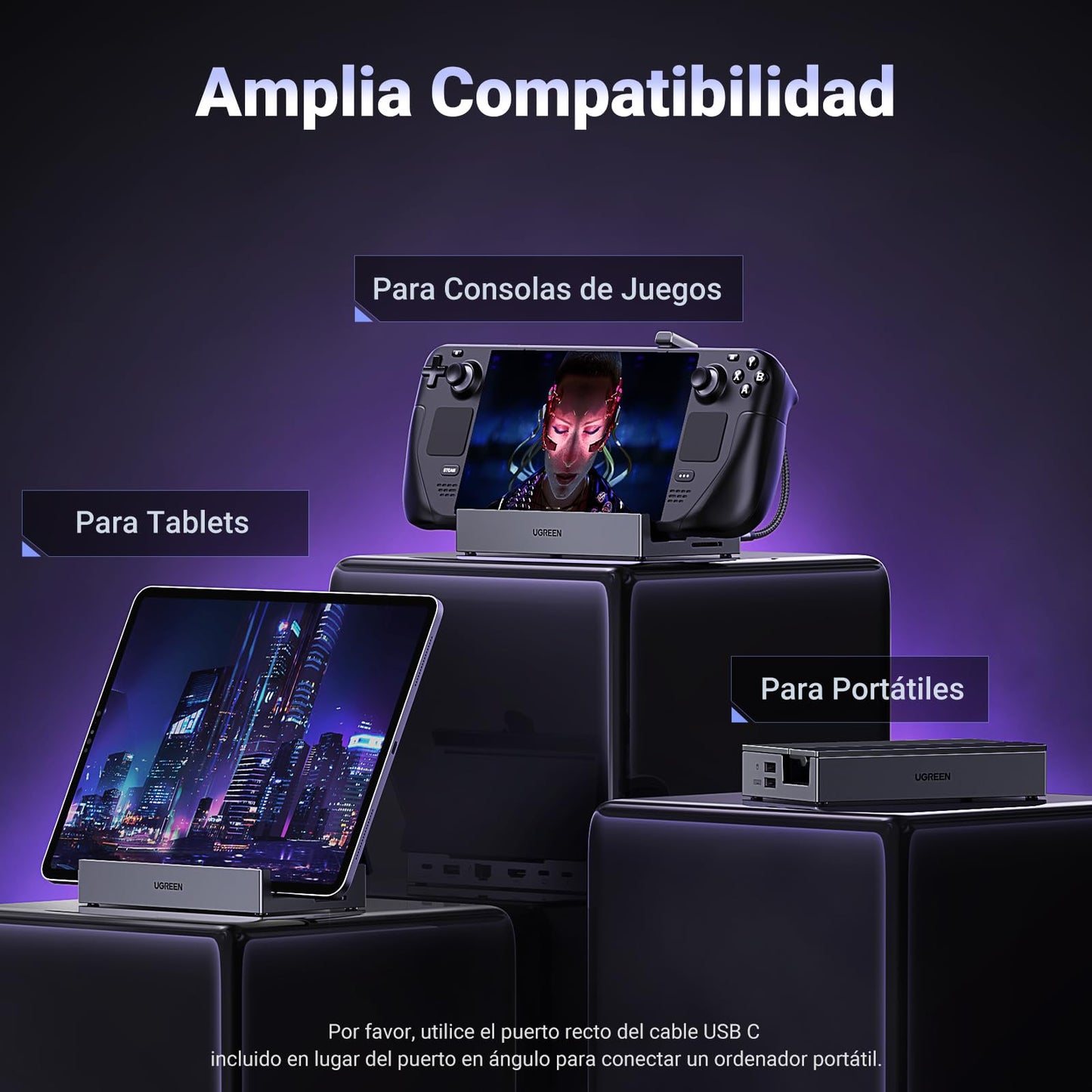 Dock Hub USB C 9 en 1 UGREEN Negro Soporte Ajustable para Steam Deck