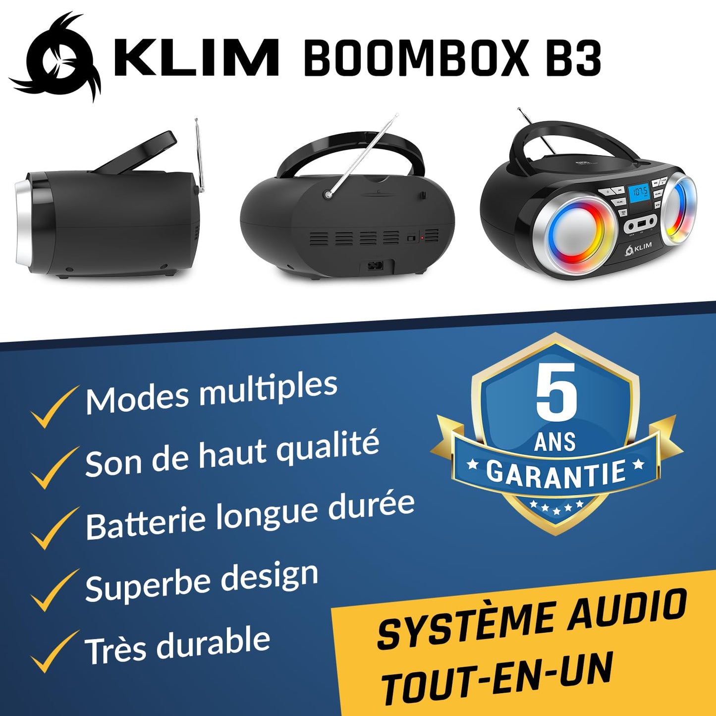 KLIM Boombox B3 - Reproductor de CD portátil con Radio FM y batería Recargable | Luces RGB | Bluetooth, MP3, AUX, Radio FM, CD, USB | Radio CD portátil con ecualización Digital | Nuevo