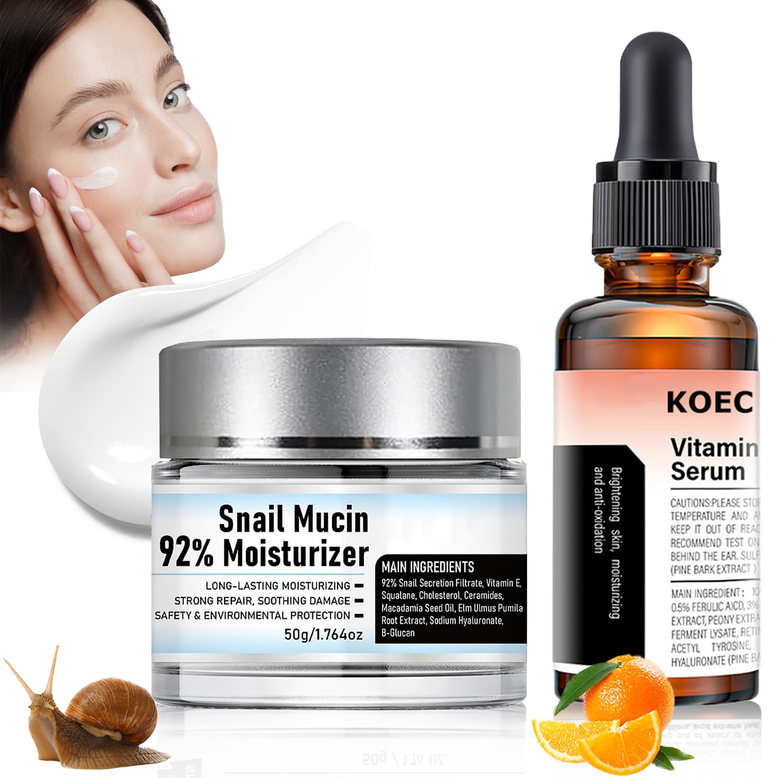 Crema De Baba De Caracol Original, VC Serum Facial, 2PCS, Snail Mucin 92%, Crema de Gel Facial Reparadora Hidratante, Crema Hidratante Facial Diario, Hidratación Duradera, para Todo Tipo de Pieles