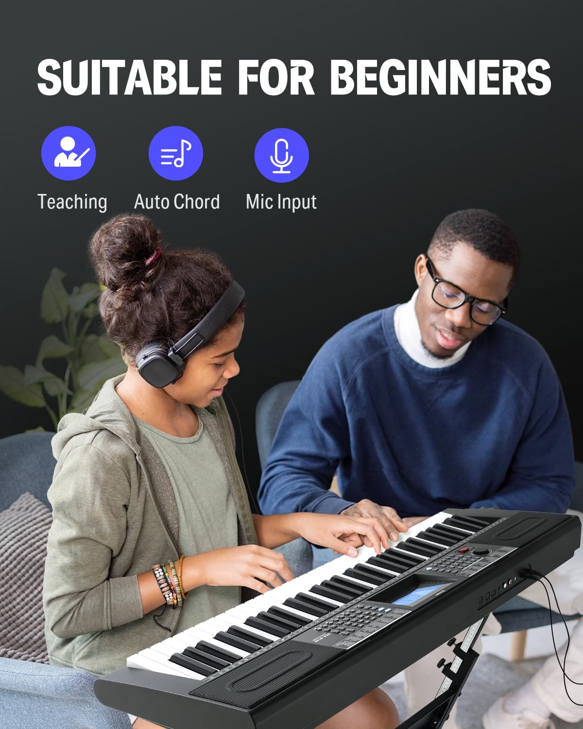 Donner - Piano de teclado de 61 teclas, kit de teclado de piano eléctrico con 249 voces, 249 ritmos, incluye soporte para piano, taburete, micrófono, regalo para principiantes, negro (DEK-610S)