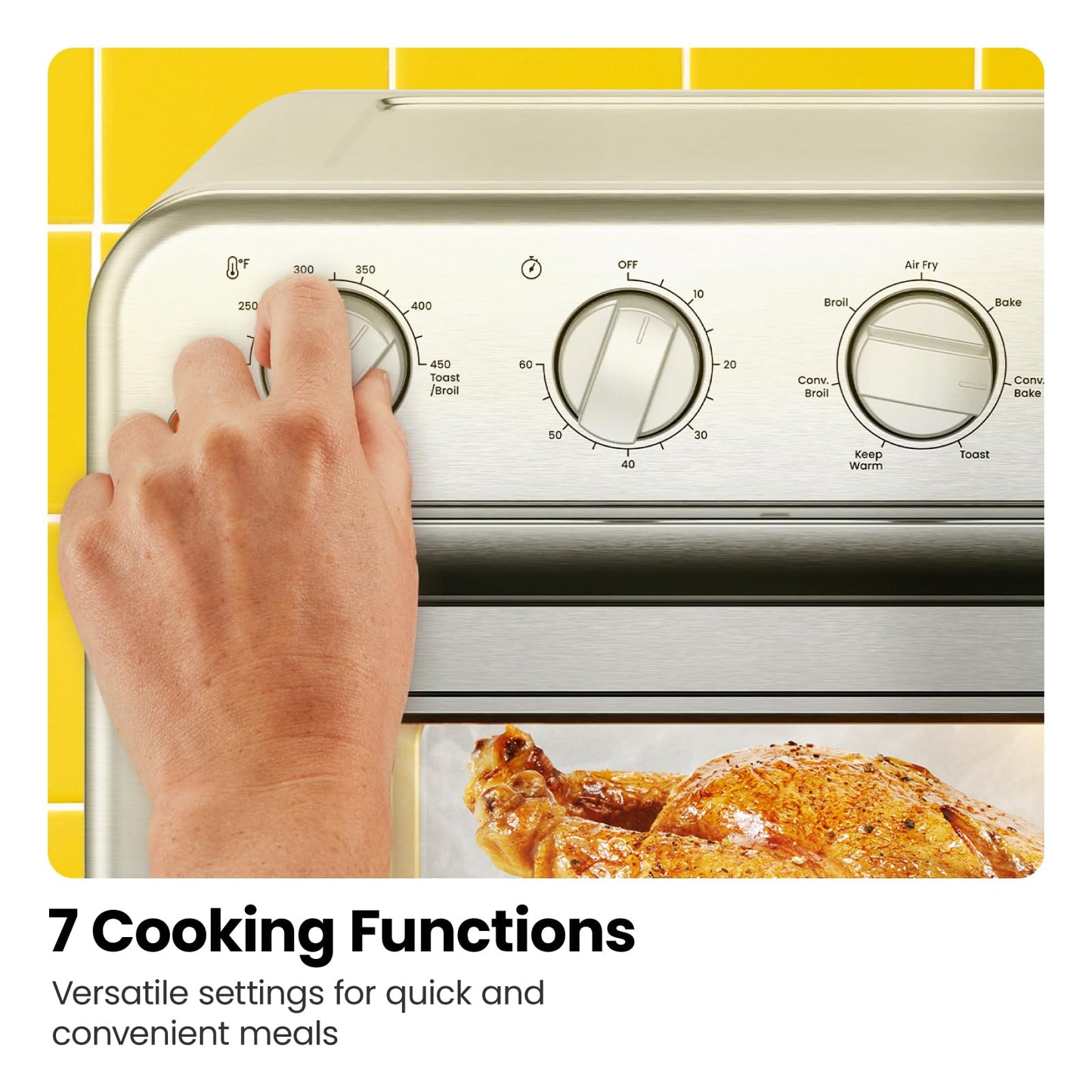Chefman Combo de horno tostador de freidora de aire, 7 en 1, horno de convección extra grande de 18 L, cocinar una pizza de 10 pulgadas, temporizador integrado, apagado automático, acero inoxidable