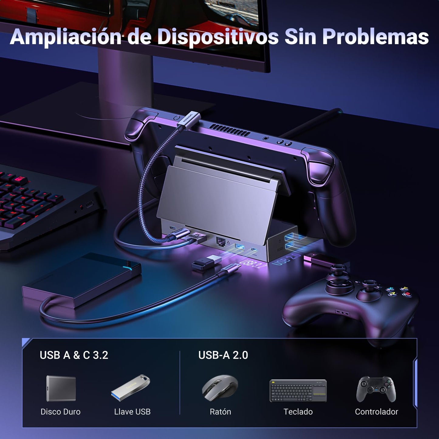 Dock Hub USB C 9 en 1 UGREEN Negro Soporte Ajustable para Steam Deck
