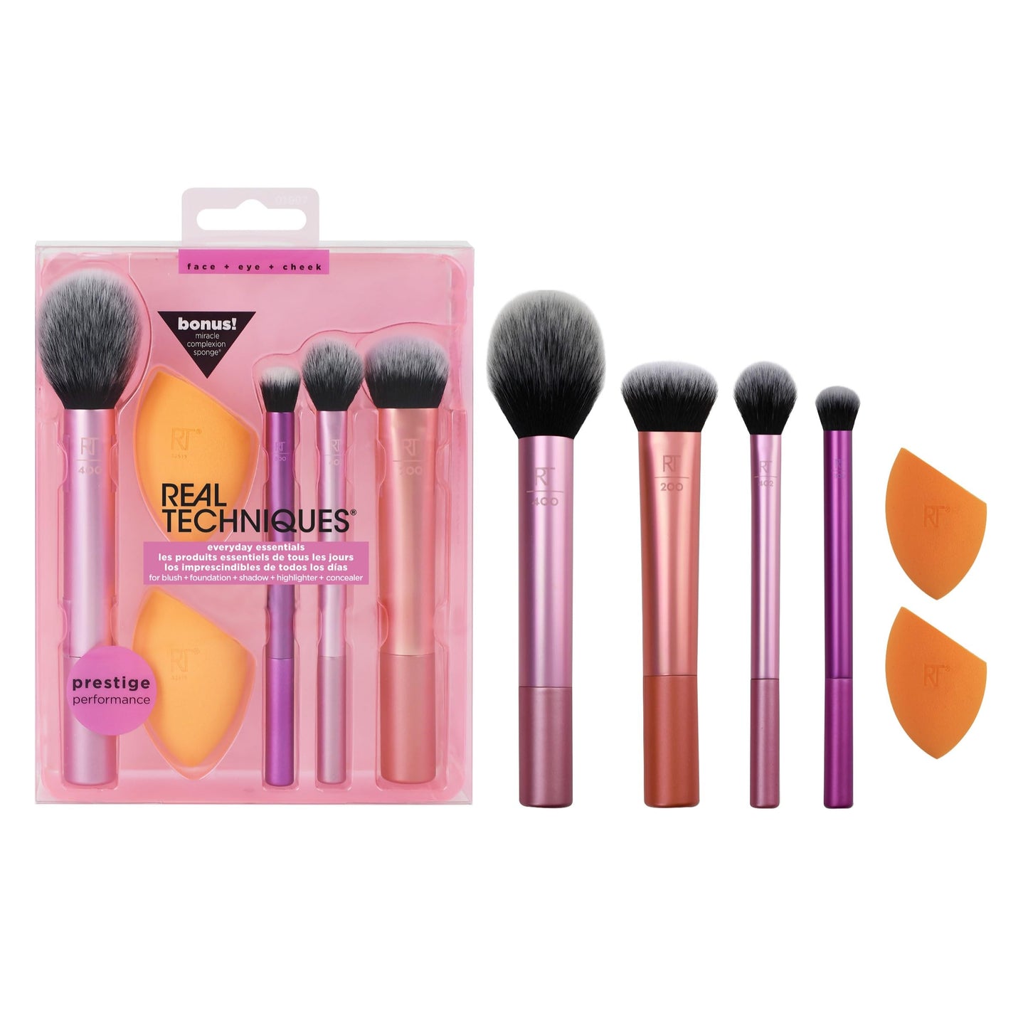 Real Techniques, Everyday Essentials, Set de Brochas de Maquillaje con Esponjas Multifuncionales, Kit de Accesorios Esenciales, Juego de Brochas para Maquillar Ojos, Mejillas y Rostro, 6 piezas