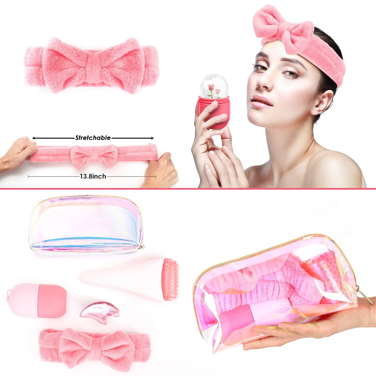 WEEGEEKS Rodillo de hielo y molde de hielo para herramientas de masaje facial, kit de cuidado de la piel con rodillo facial de hielo, molde de hielo facial, diadema de spa, herramienta Gua Sha, hermosa bolsa de embrague incluida