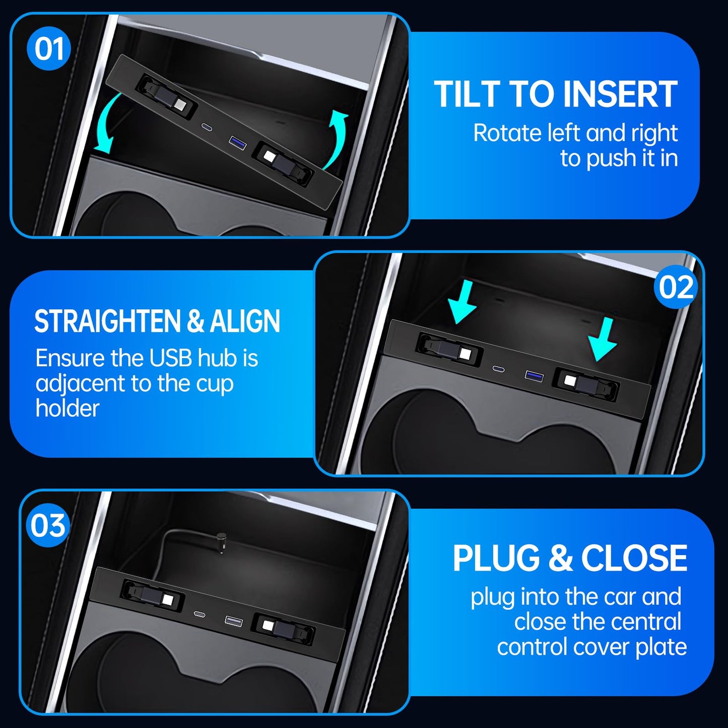 DGXWLLW Hub USB para Tesla Model Y Juniper 2025 2026 Modelo 3 Highland 2024 2025 con diseño hundido, 99W 4 en 1 Multi puertos Cargador rápido con cable retráctil estación de acoplamiento adaptador de