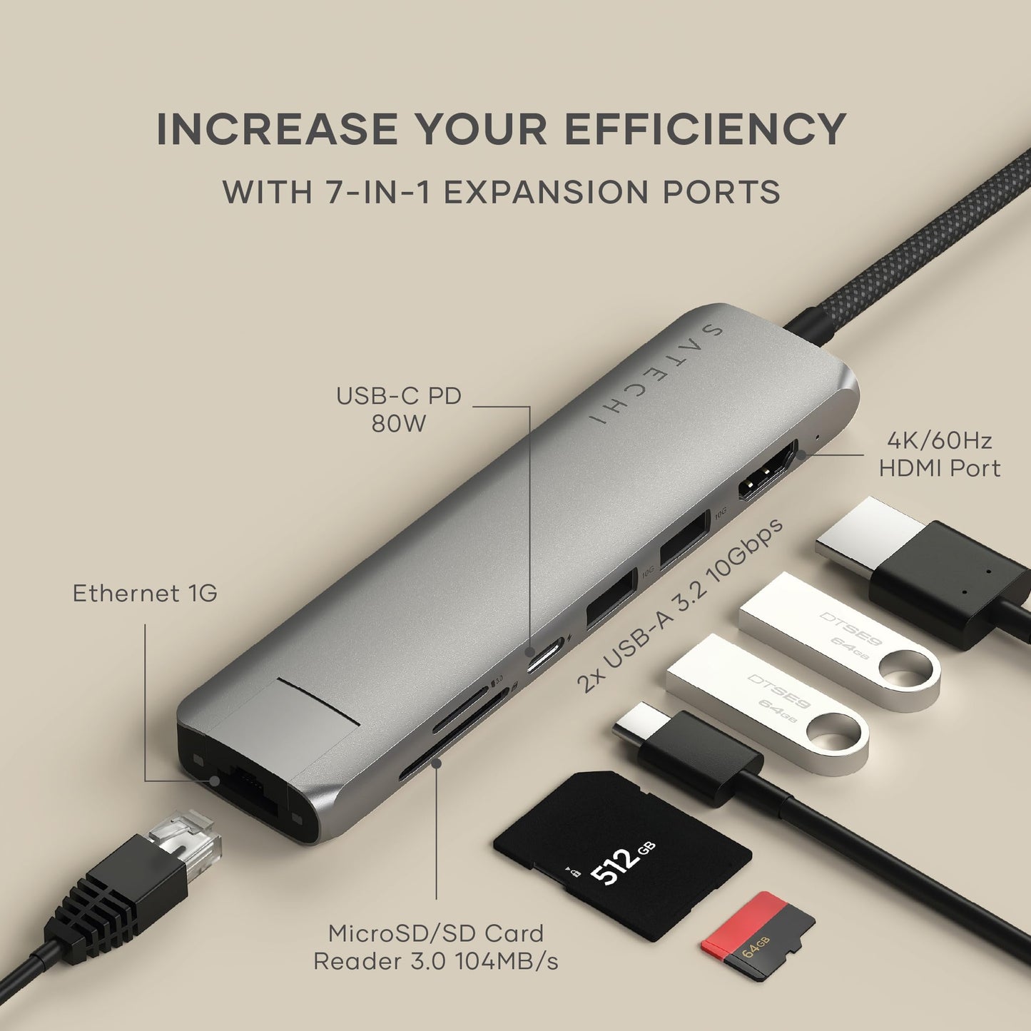 Adaptador USB-C Satechi Gris Espacial 7 en 1 con HDMI 4K y Carga PD 100W para MacBook Pro/Air, iPad, iPhone, Windows