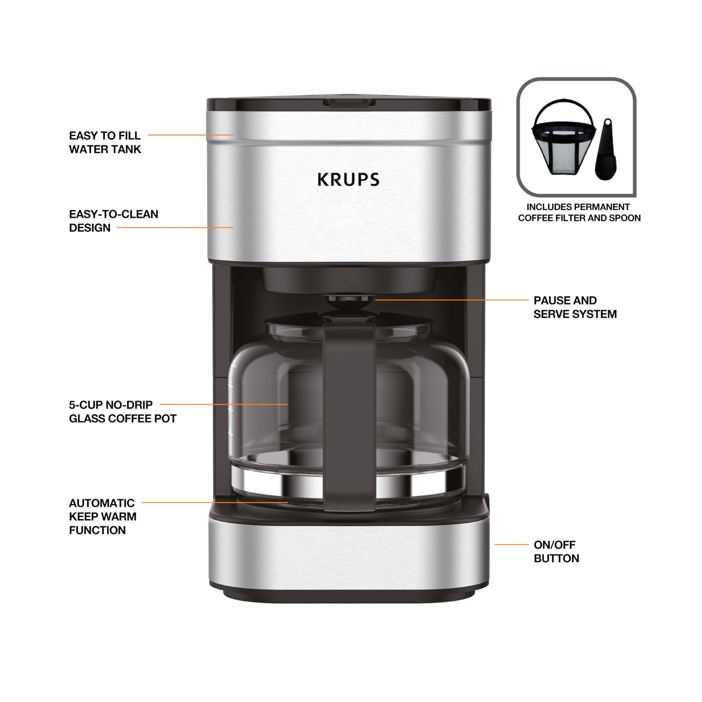 KRUPS Simply Brew - Cafetera compacta de 5 tazas: diseño de acero inoxidable, pausa y prepara, mantiene caliente, filtro reutilizable, jarra sin goteo