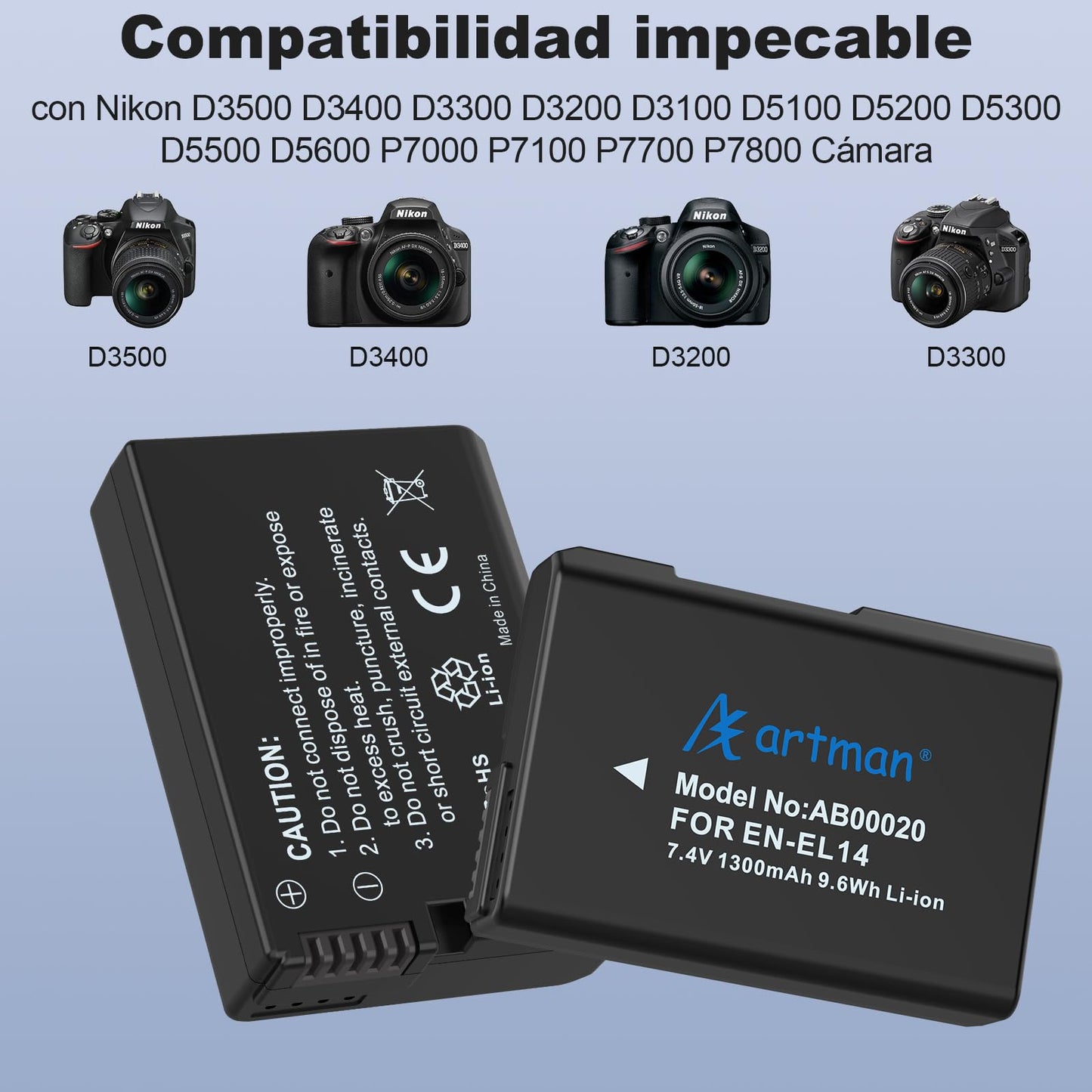 Artman EN-EL14 EN-EL14a Batería 1400mAh 2-Pack con USB-C 20W Fast Dual Channel Charge Case para Nikon D3100 D3200 D3300 D3400 D3500 D5100 D5200 D5300 D5500 D5600 DF Coolpix P7000 P7700 P7800 Cámaras
