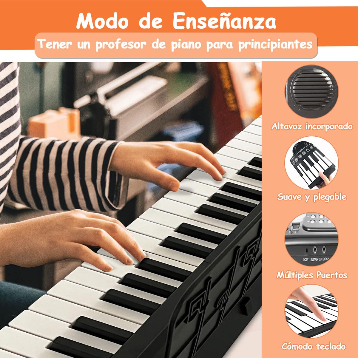 FHZLAJ Teclado de Piano Enrollable 61 Teclas,Piano Musical Electrónico de Silicona Plegable Portátil con Altavoz Incorporado 128 Tonos 100 Ritmos,Roll up Flexible Piano para Niños Adultos Principantes