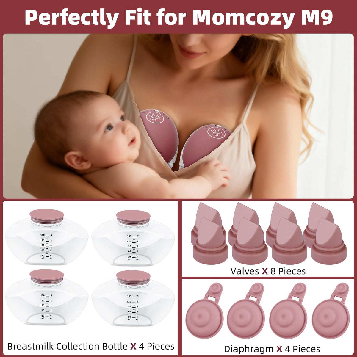 Kearnybo Kit de piezas de repuesto – Compatible con extractor de leche portátil M9 – 4 botellas, 8 válvulas de pico de pato, 4 membranas y cepillo para polvo de limpieza, accesorios sin BPA