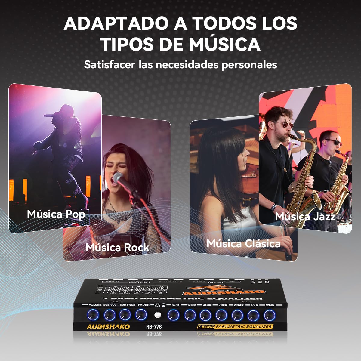 Ecualizador AUDISHAKO 7 Bandas 6 Salidas RCA 4 Entradas RCA con Indicador LED para Carros, Pickups y SUV