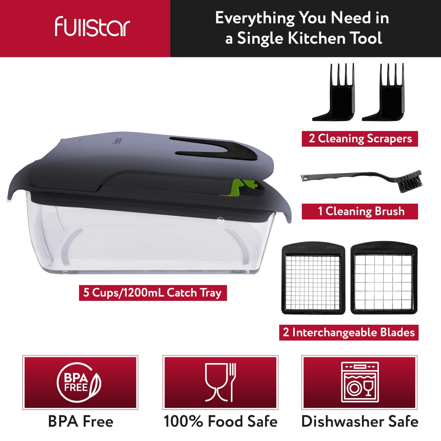 Fullstar - Picador de verduras y espiralizador - Picador de alimentos con contenedor, rebanador de frutas, utensilios de cocina y accesorios, esenciales para el hogar (2 en 1, gris/verde)
