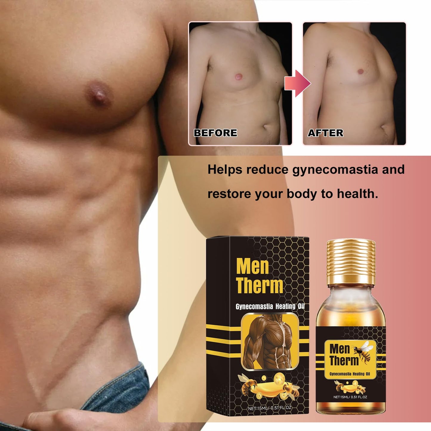 Pack de 4 Aceites para Reducir Ginecomastia, Fortalecer Músculos y Eliminar Tejido Mamario. Producto específico para hombres. Ideal para el cuidado personal. Ayuda a mejorar la apariencia física de forma natural.