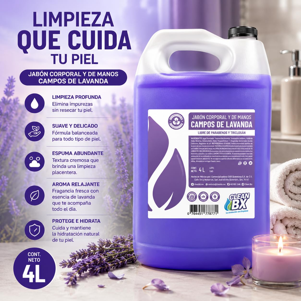 Jabón Líquido Para manos y Cuerpo Aroma Campos de Lavanda 4L | Aroma Relajante, Hidratante y Uso Diario