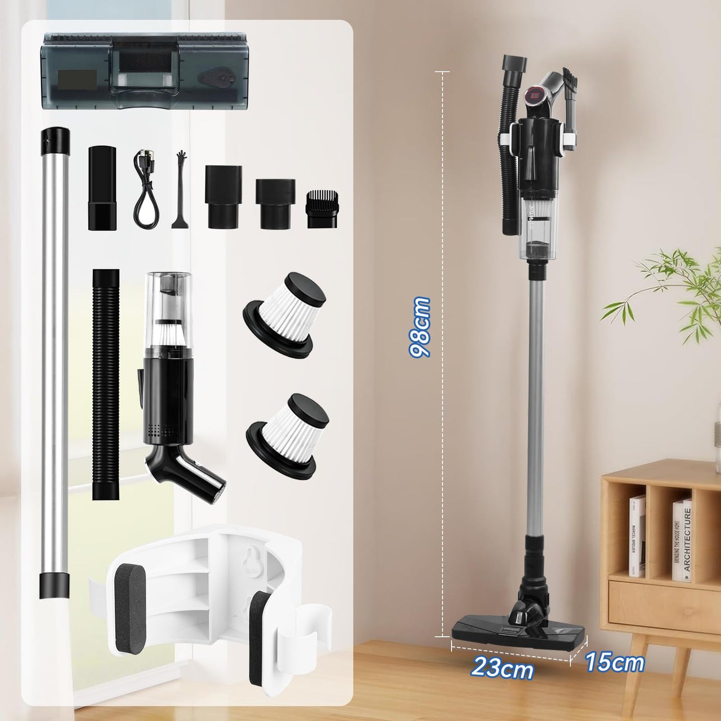 Aspiradora Inalámbrica,15000Pa Aspiradora Vertical 5 en 1 con Depósito de Agua,Filtro HEPA,Aspiradora de Mano con Luz LED,Batería de 3*2000 mAh,Apta para Todo Tipo de Suelos,Pelos de Mascotas,Sofá