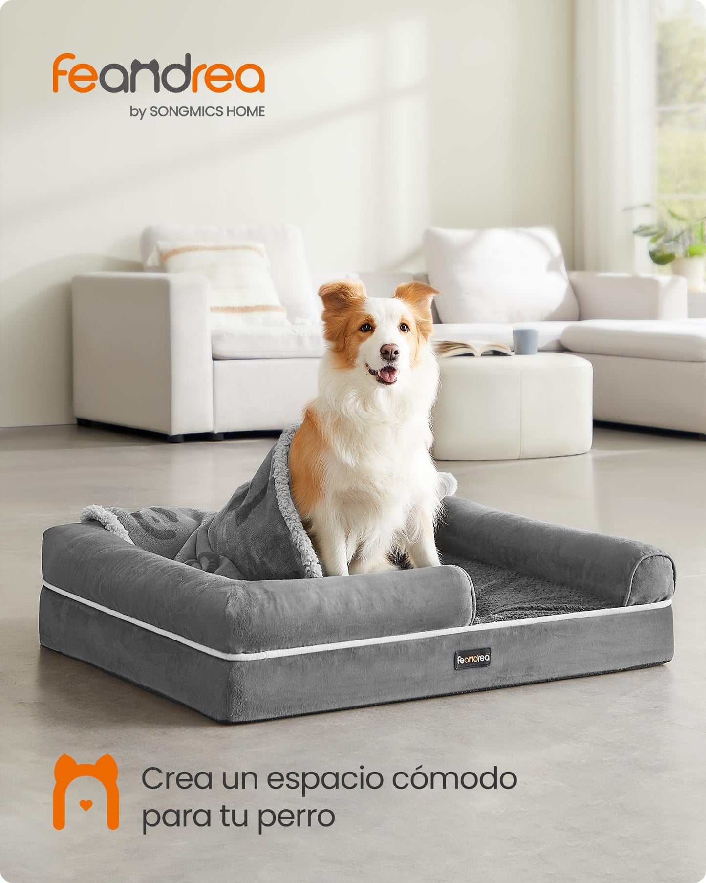 Cama Ortopédica para Perros Feandrea Gris Claro Funda Extraíble y Lavable
