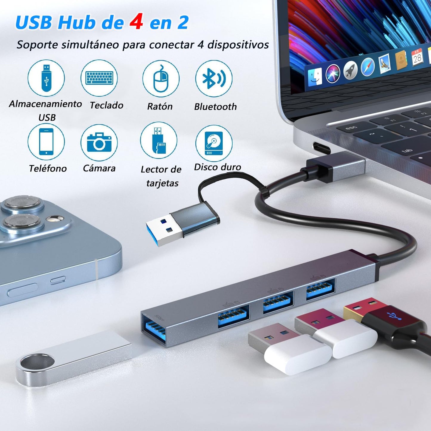 Adaptador USB C 4 en 2 Podero Ultradelgado con Hub USB 3.0 de 4 Puertos en USB A