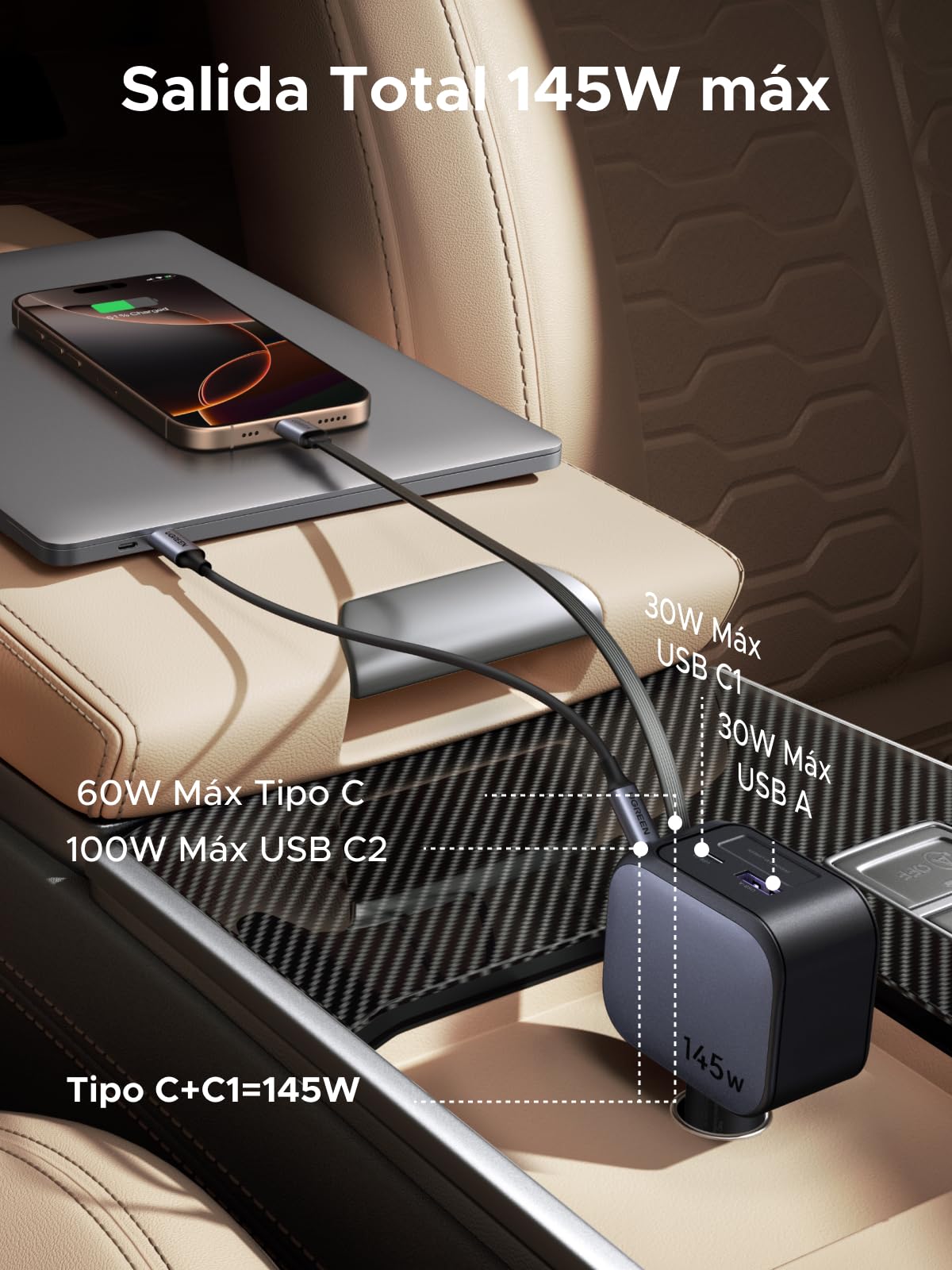 Cargador para Auto UGREEN Negro 145W 4 en 1 con Cable Retráctil USB C