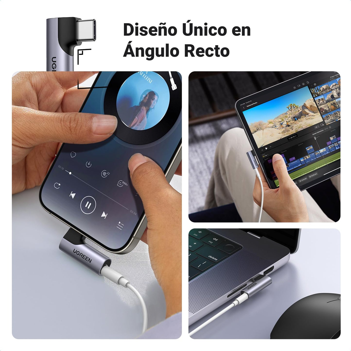 Adaptador USB C UGREEN Gris con Chip DAC y Ángulo de 90 Grados para Auriculares