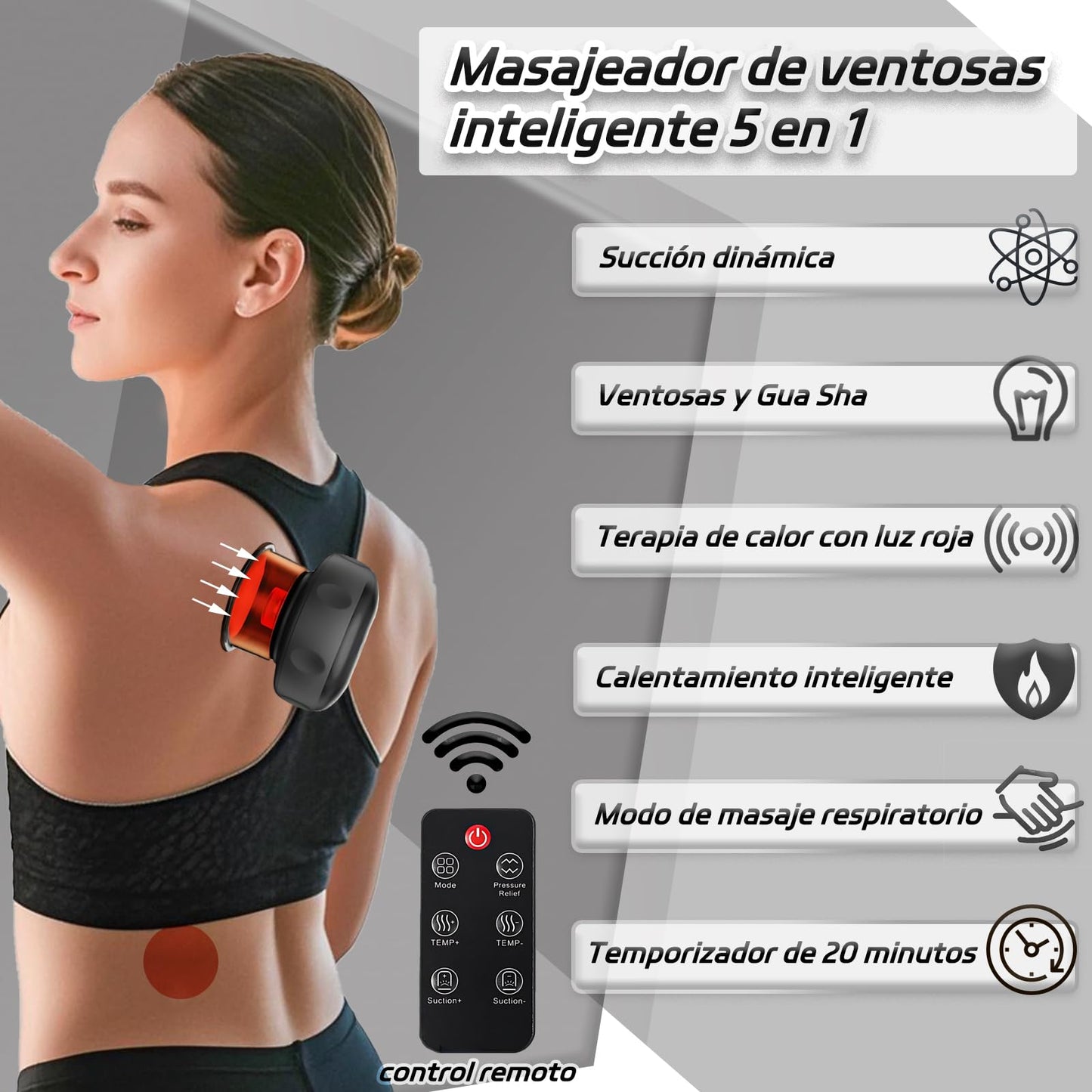 Juego de Terapia de Ventosas Eléctricas con 3 Ventosas reemplazable,Máquina de Ventosas Dinámica Inteligente 5 en 1 con Compresa Caliente de Luz Roja,Control Remoto Inalámbrico,12 niveles de temperatura y succión