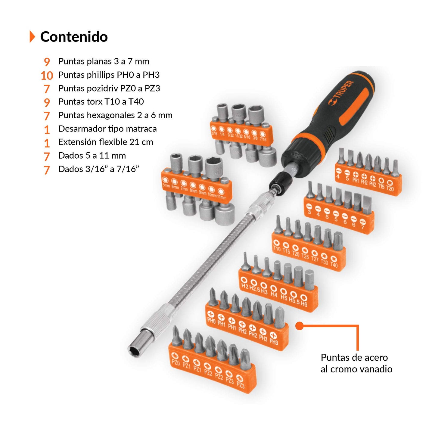 Desarmador Tipo Matraca Truper Naranja con 42 Puntas y 14 Dados